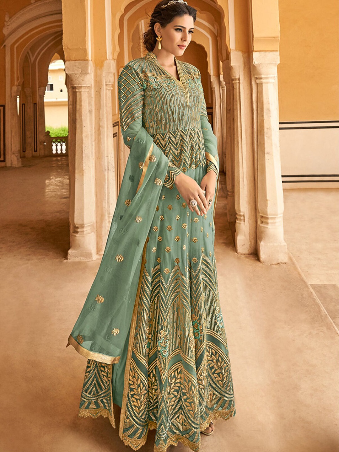 

ODETTE Net Embellished Semi Stitched Kurta With Trousers & Dupatta, Green