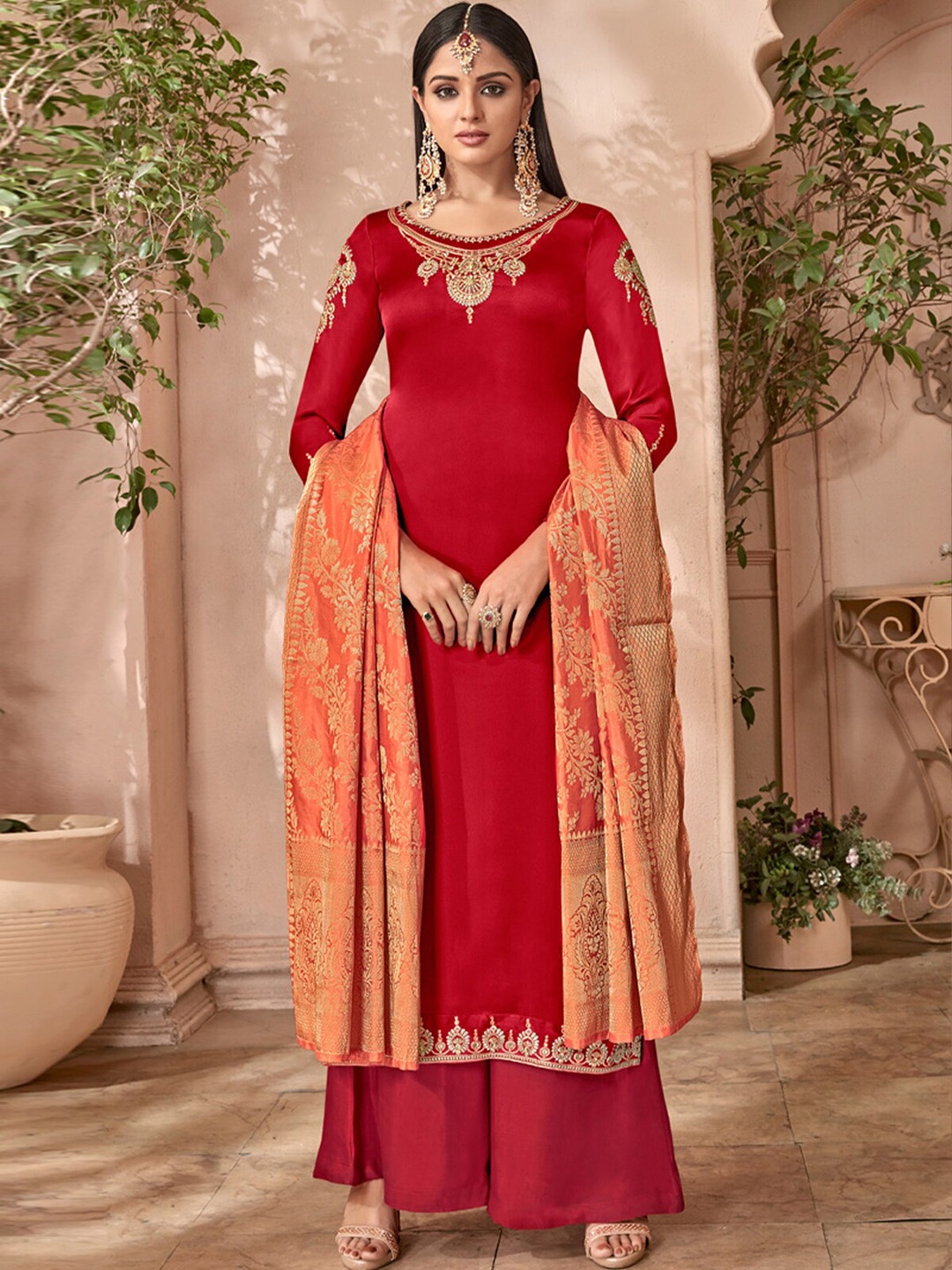 

ODETTE Ethnic Motifs Embroidered Satin Semi Stitched Kurta Set, Red