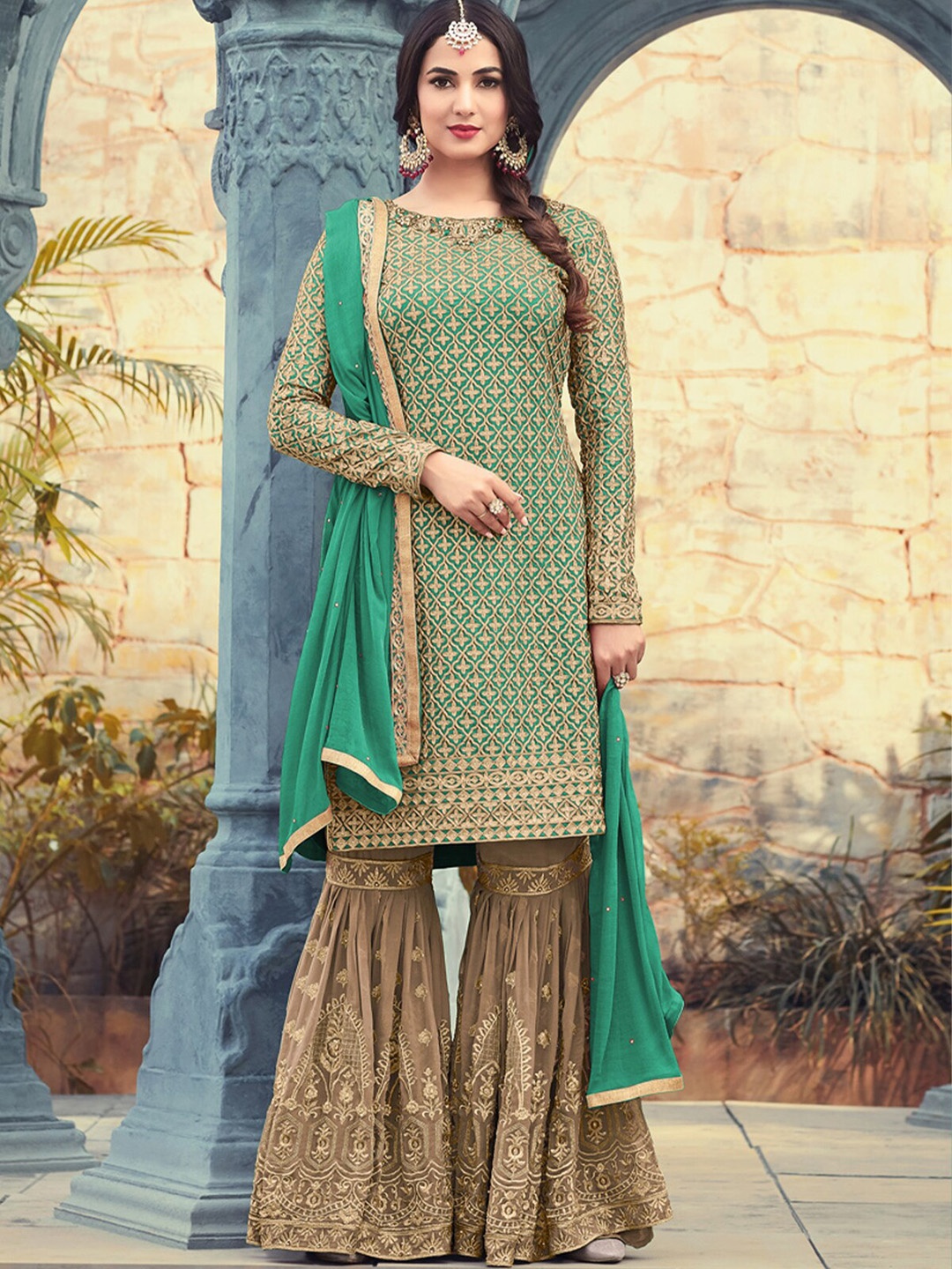 

ODETTE Ethnic Motifs Embroidered Georgette Semi Stitched Kurta Set, Green