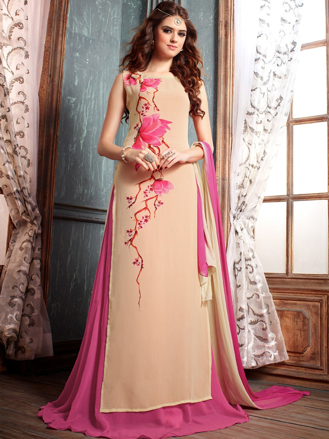 

ODETTE Floral Embroidered Georgette Semi Stitched Kurta Set, Beige