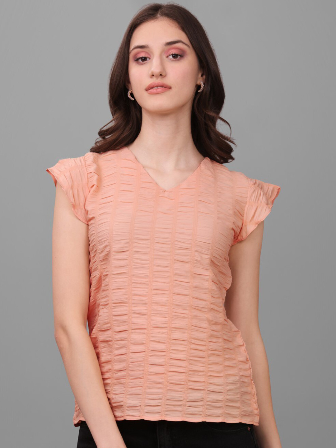 

Modestouze Attires Self Design V-Neck Flutter Sleeves Top, Orange