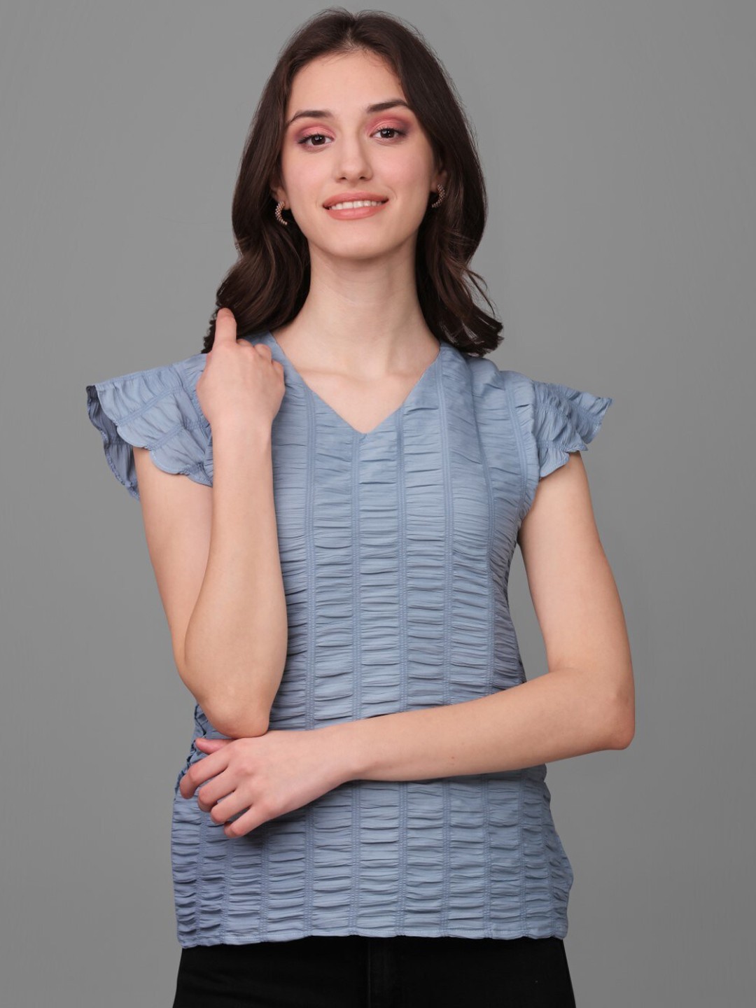 

Modestouze Attires Self Design V-Neck Flutter Sleeves Top, Blue