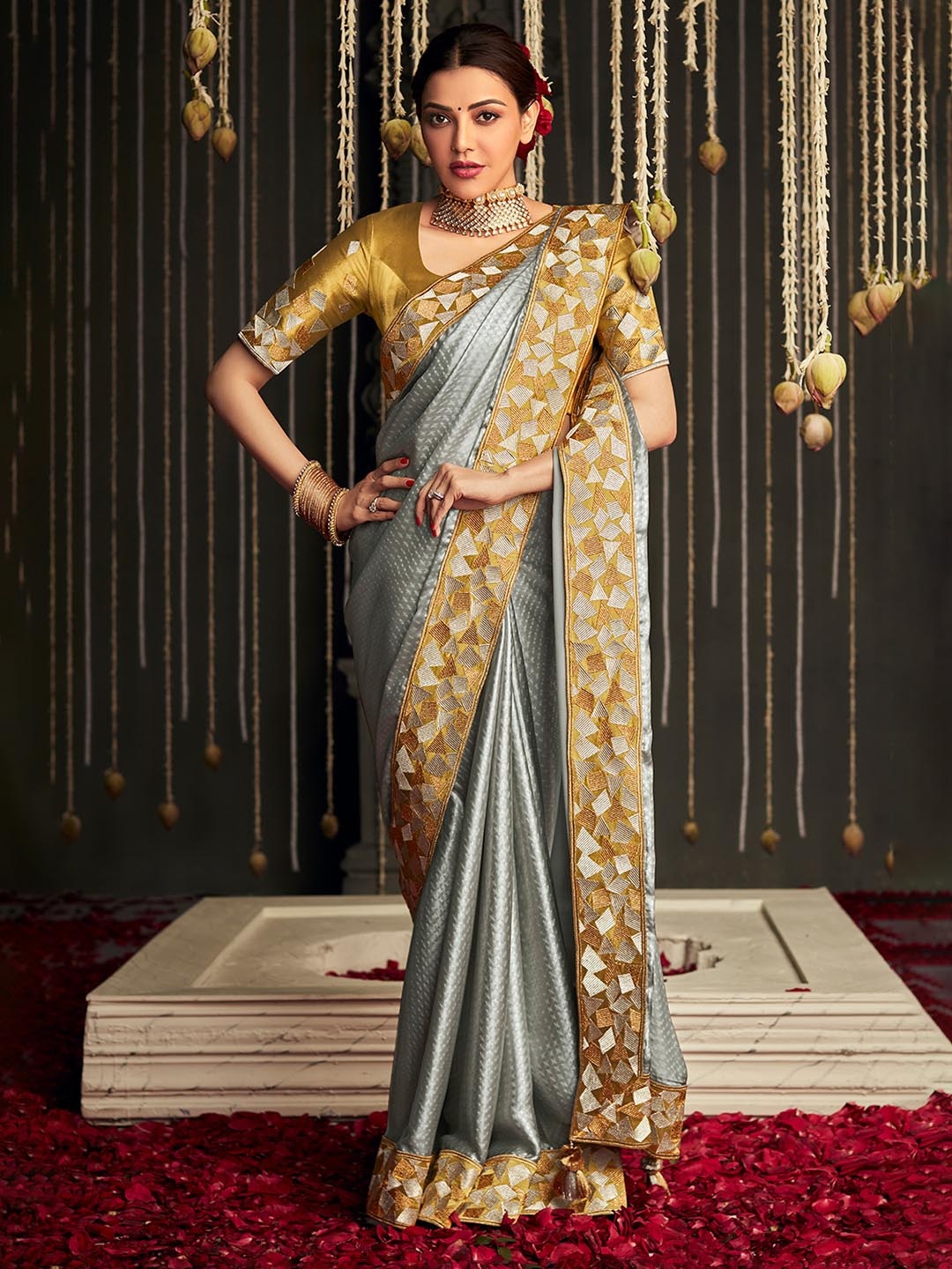 

DEVATITHI Woven Design Embroidered Banarasi Saree, Grey