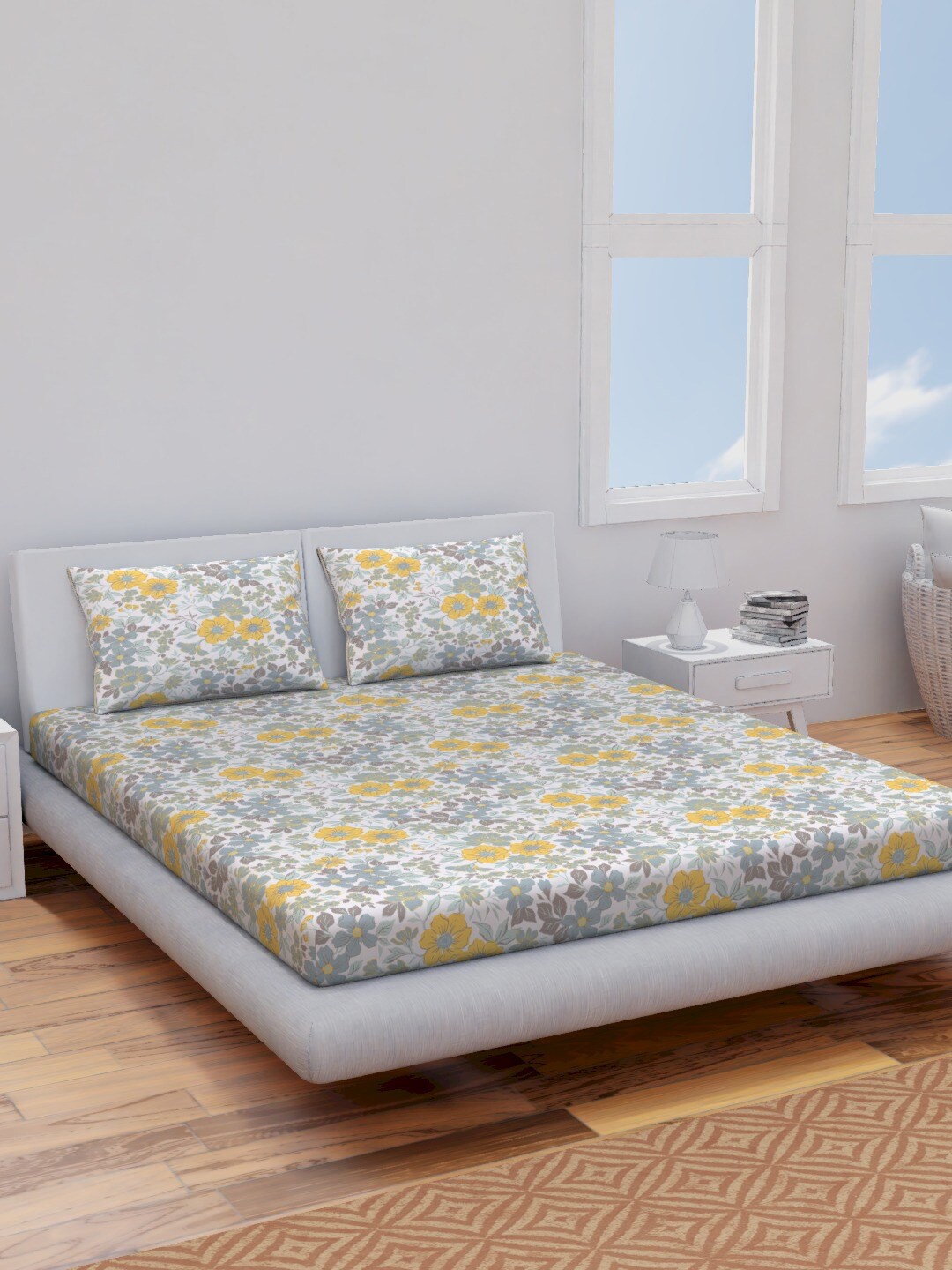 

Himeya Grey & Yellow Floral Pure Cotton 120 TC Queen Bedsheet with 2 Pillow Covers