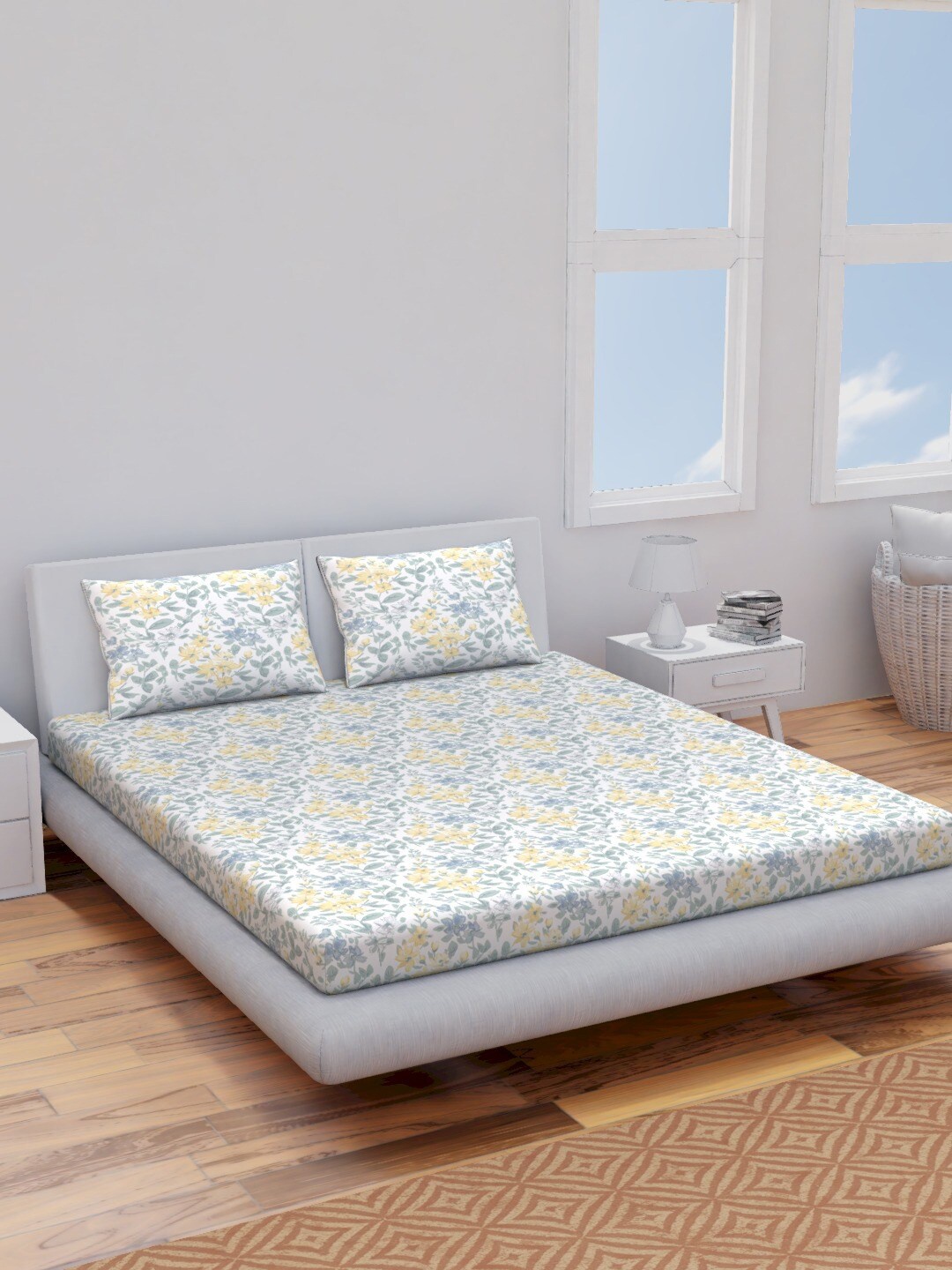 

Himeya White & Yellow Floral Pure Cotton 144 TC King Bedsheet with 2 Pillow Covers
