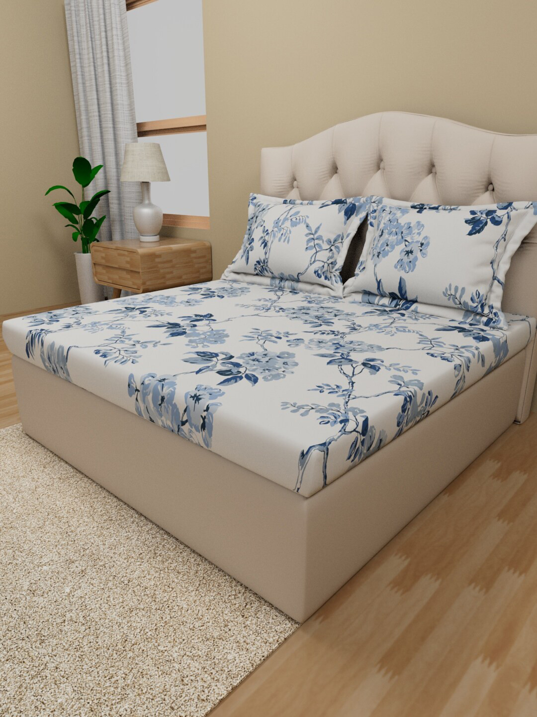 

Himeya White & Navy Blue Floral Pure Cotton 180 TC Queen Bedsheet with 2 Pillow Covers