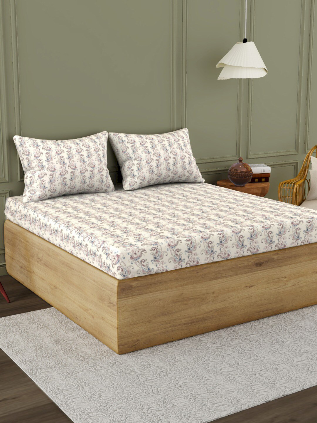 

Himeya Cream-Coloured & Grey Ethnic Motifs Cotton 300 TC King Bedsheet & 2 Pillow Covers