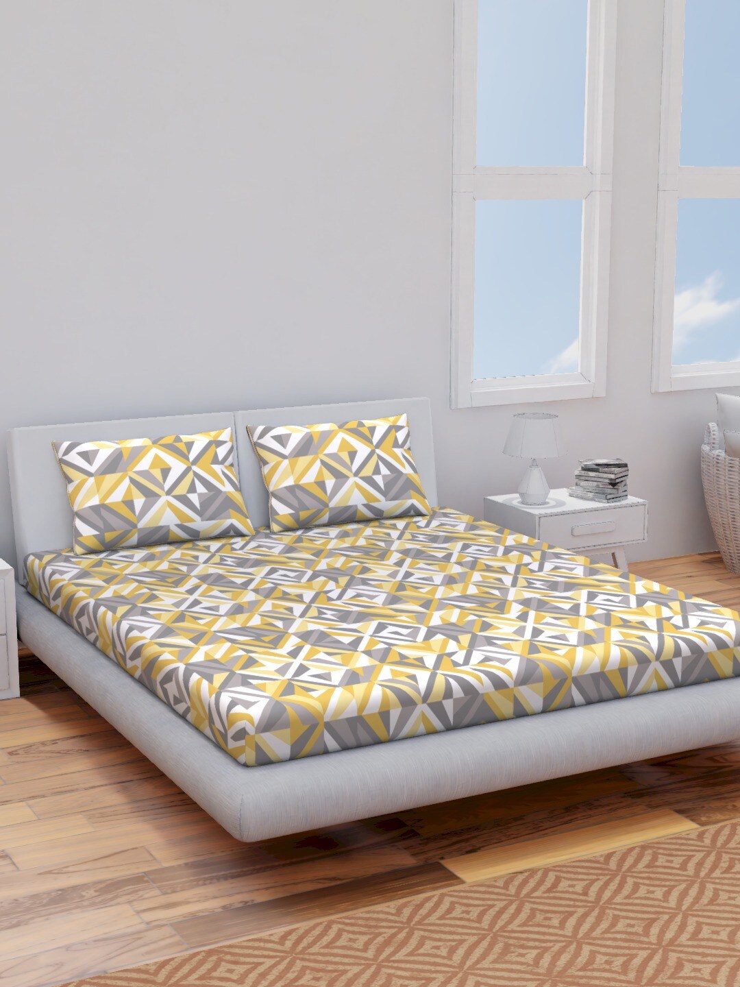 Himeya Yellow & Grey Geometric Cotton 120 TC Queen Bedsheet With 2 Pillow Covers