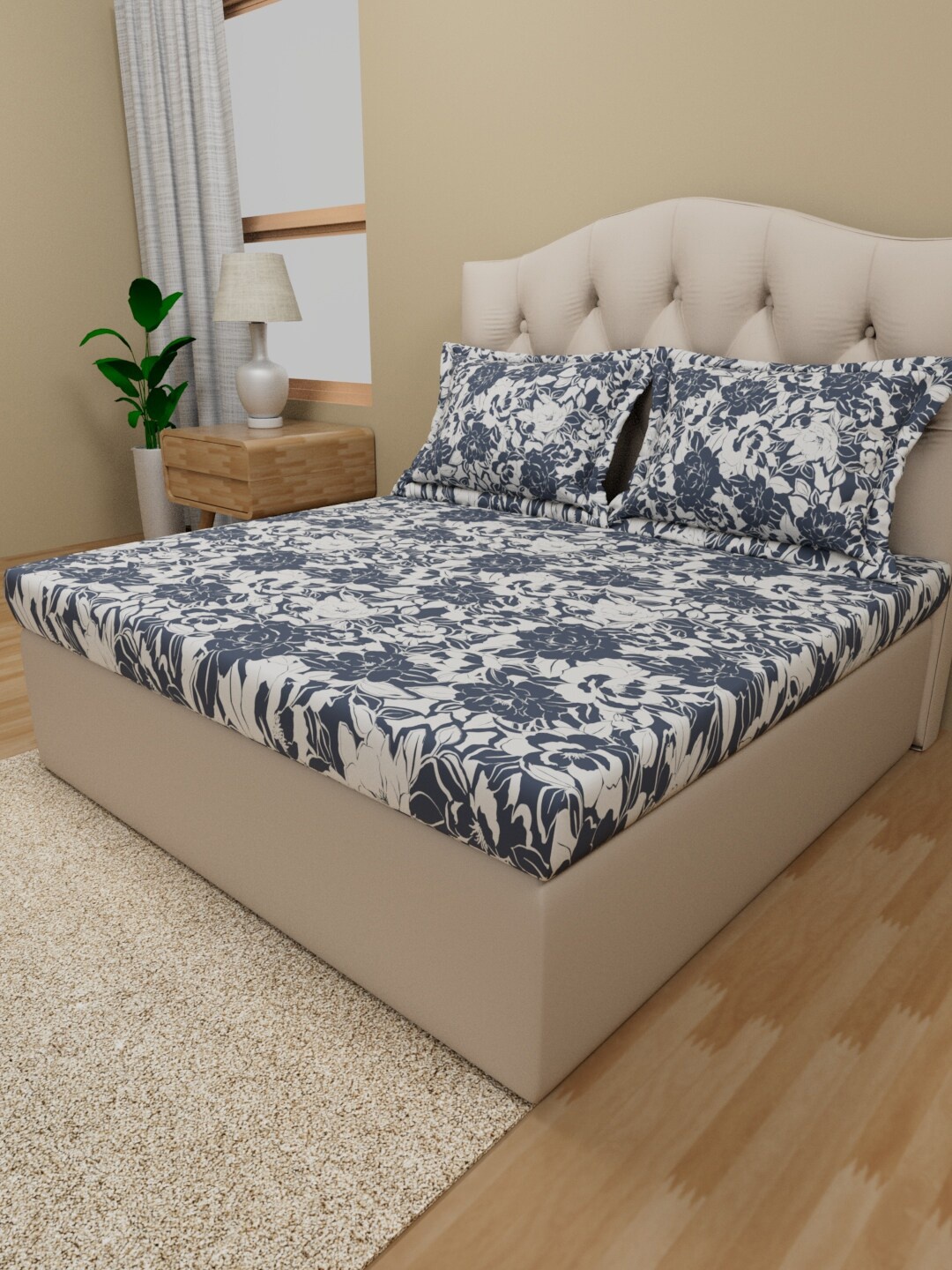 

Himeya Navy Blue & White Floral Cotton 180 TC King Bedsheet With 2 Pillow Covers