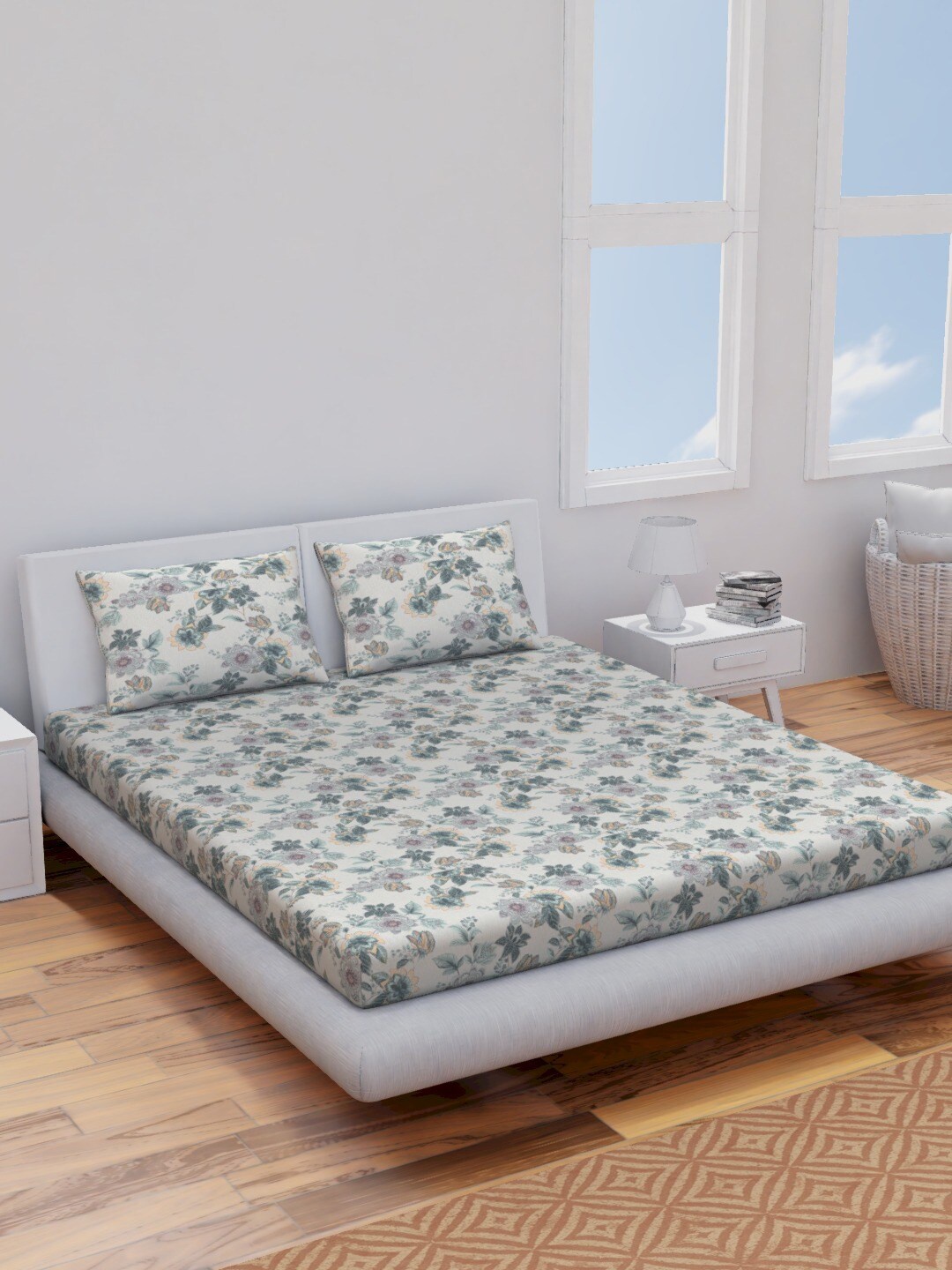 Himeya Green & White Floral Cotton 144 TC Queen Bedsheet With 2 Pillow Covers