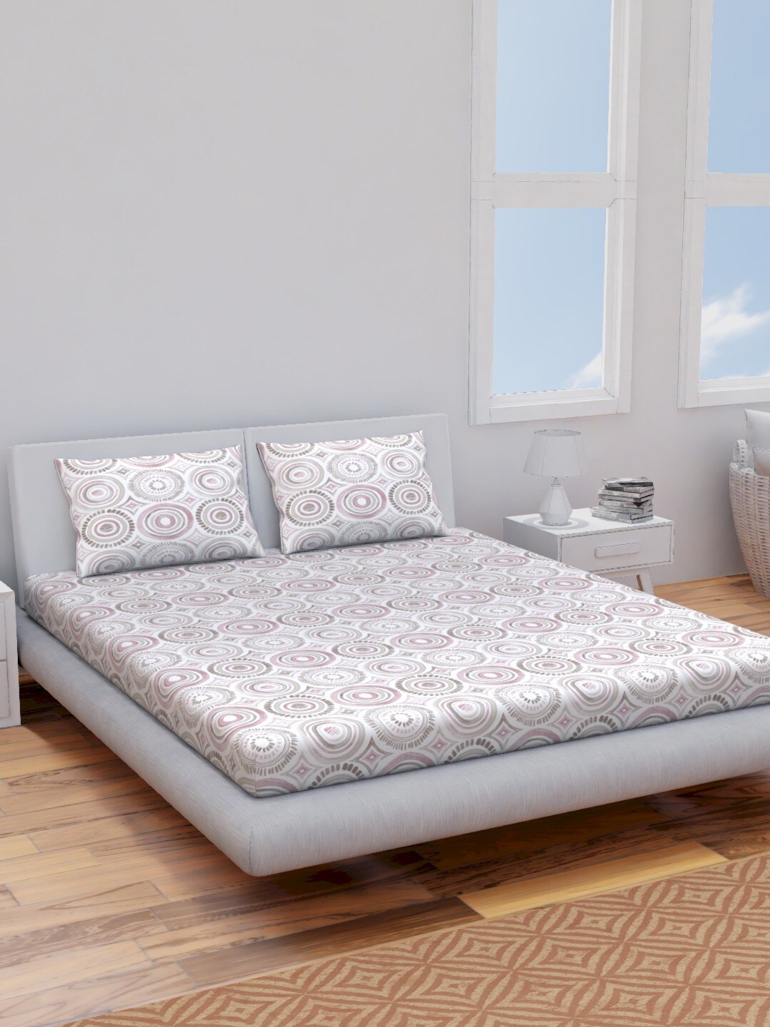 

Himeya Pink & White Ethnic Motifs Pure Cotton 120 TC King Bedsheet with 2 Pillow Covers