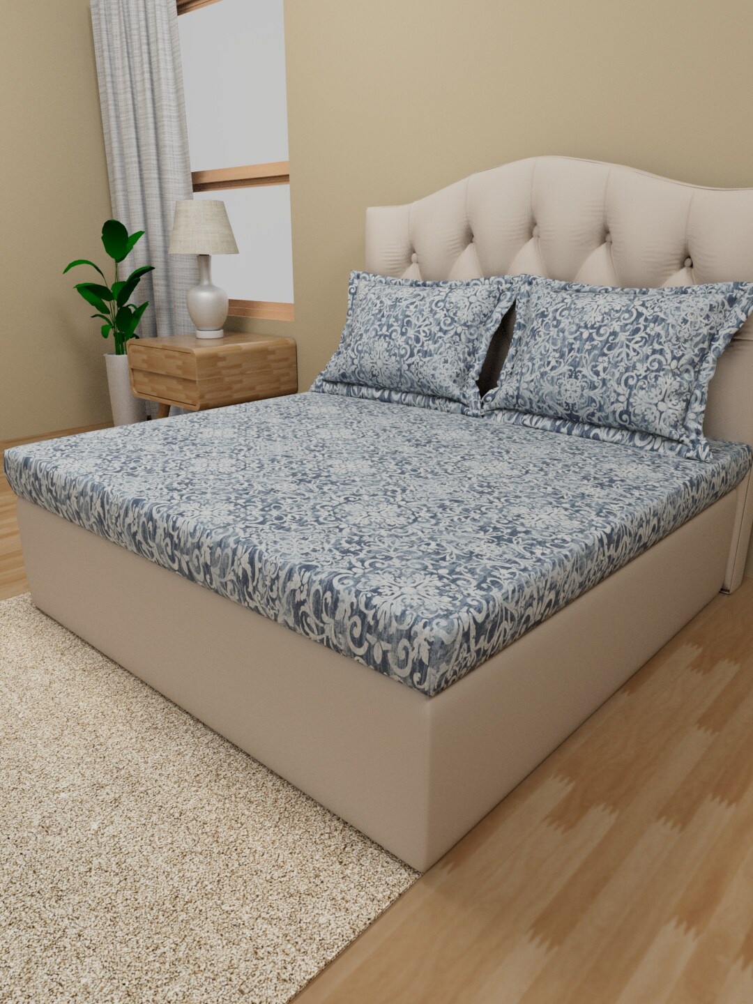 

Himeya Navy Blue & White Ethnic Pure Cotton 180 TC Queen Bedsheet with 2 Pillow Covers