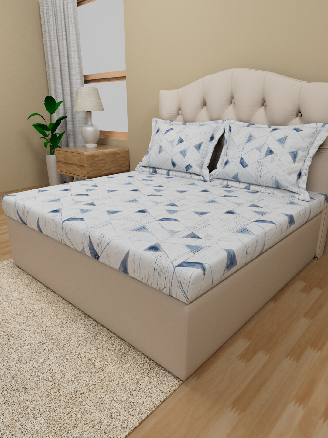 

Himeya Blue & White Geometric Cotton 180 TC King Bedsheet with 2 Pillow Covers