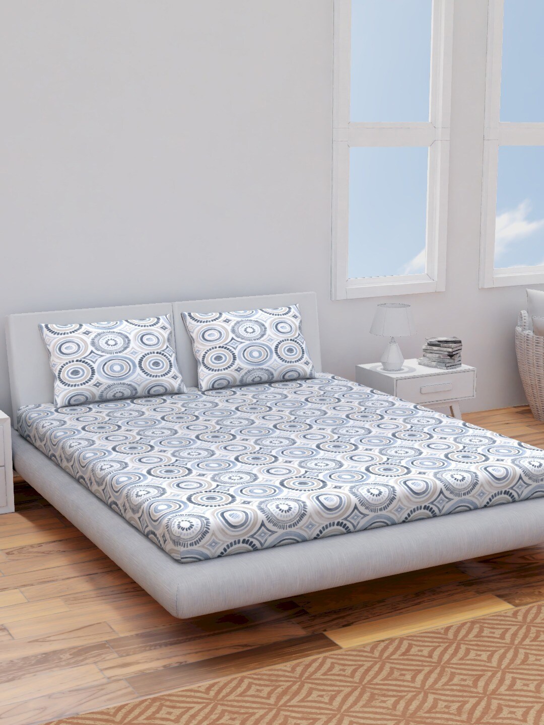 

Himeya Navy Blue & White Geometric Cotton 120 TC Queen Bedsheet with 2 Pillow Covers