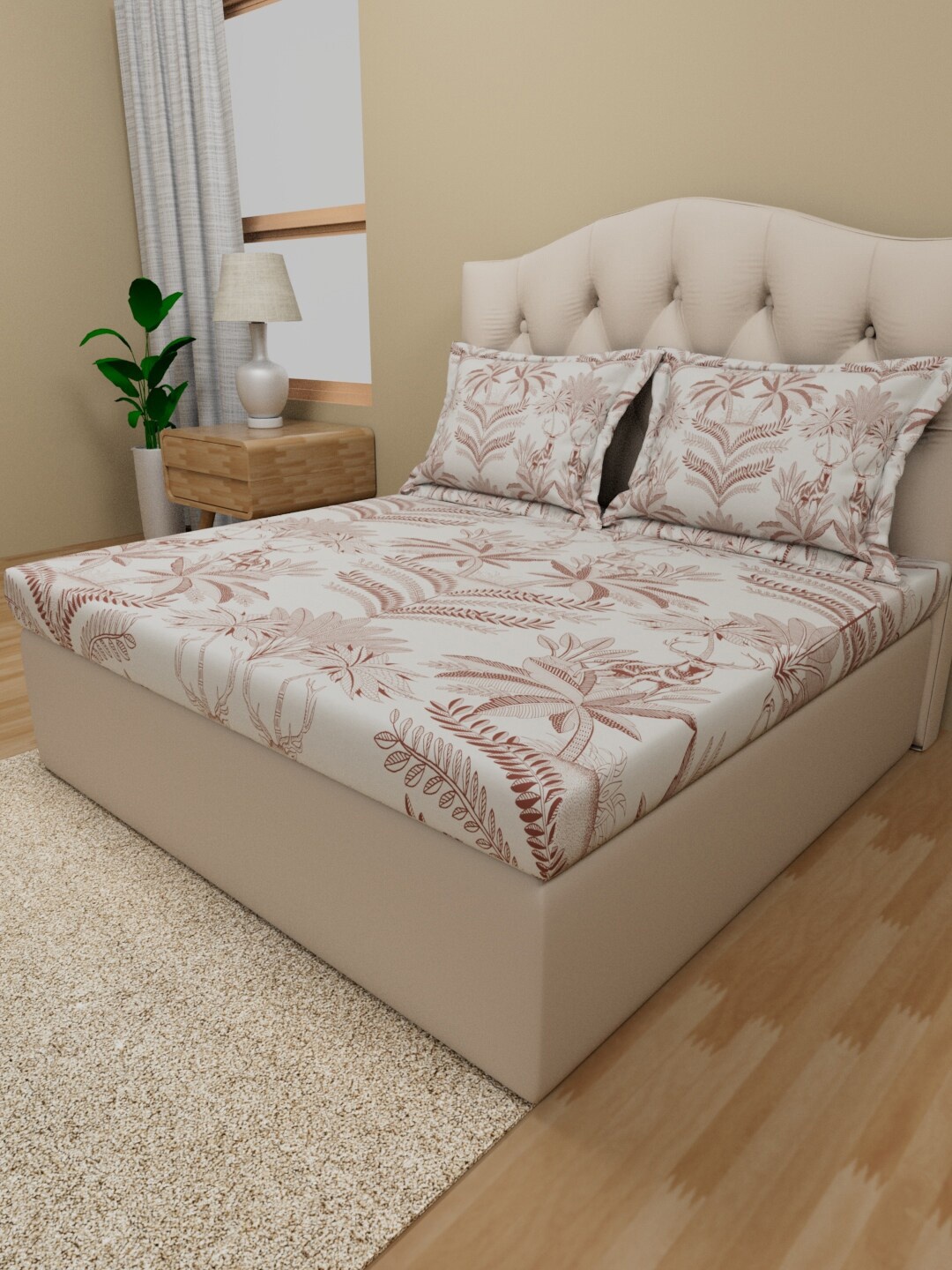 Himeya Rust & White Floral Cotton 180 TC King Bedsheet with 2 Pillow Covers