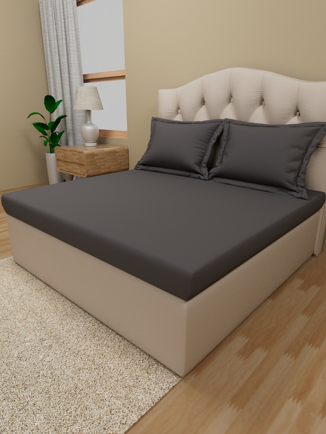 Himeya Grey Cotton 210 TC Queen Bedsheet with 2 Pillow Covers