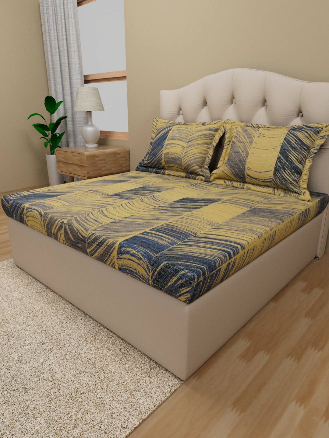 

Himeya Navy Blue & Yellow Abstract Cotton 180 TC King Bedsheet with 2 Pillow Covers
