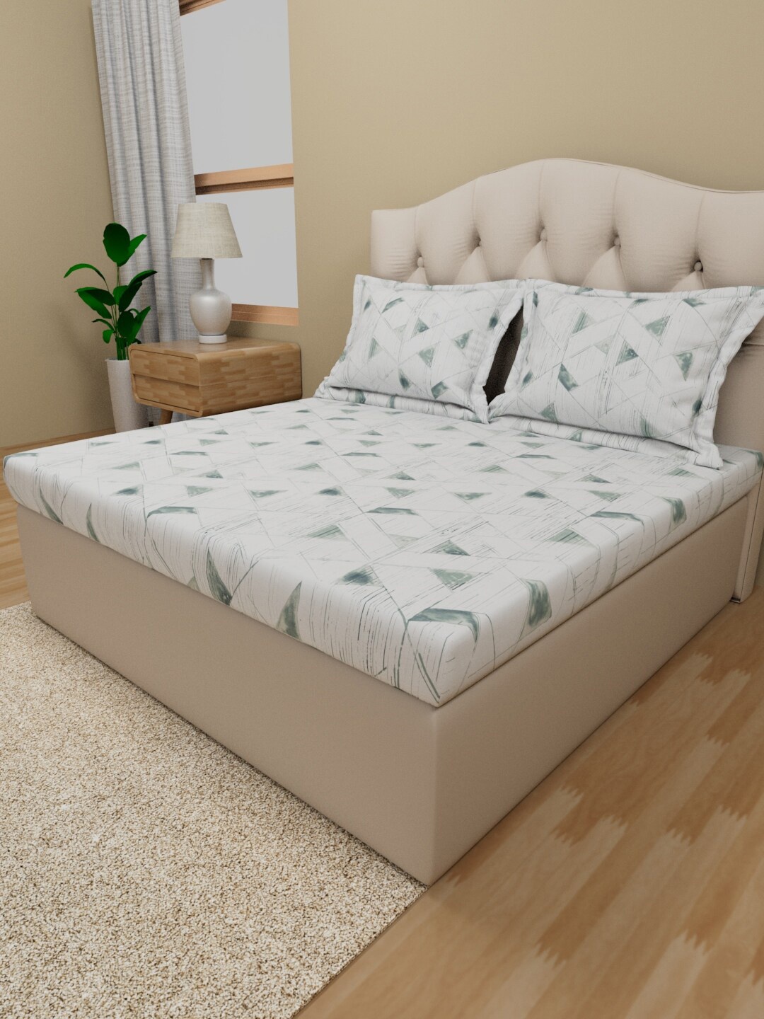 

Himeya White & Green Geometric Cotton 180 TC Queen Bedsheet with 2 Pillow Covers