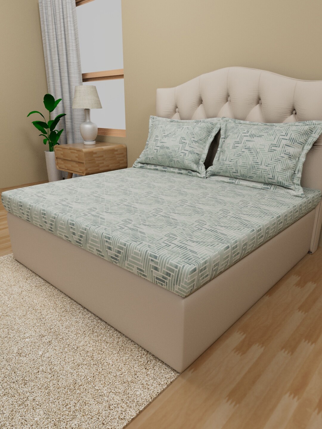 

Himeya Green & White Geometric Cotton 180 TC Queen Bedsheet with 2 Pillow Covers