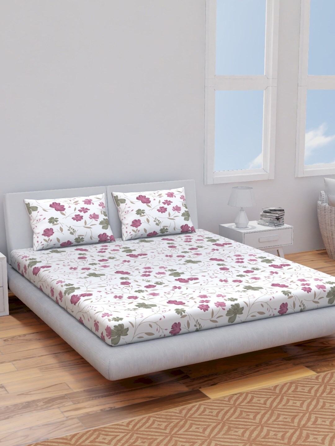 Himeya Pink & White Floral Cotton 120 TC Queen Bedsheet with 2 Pillow Covers