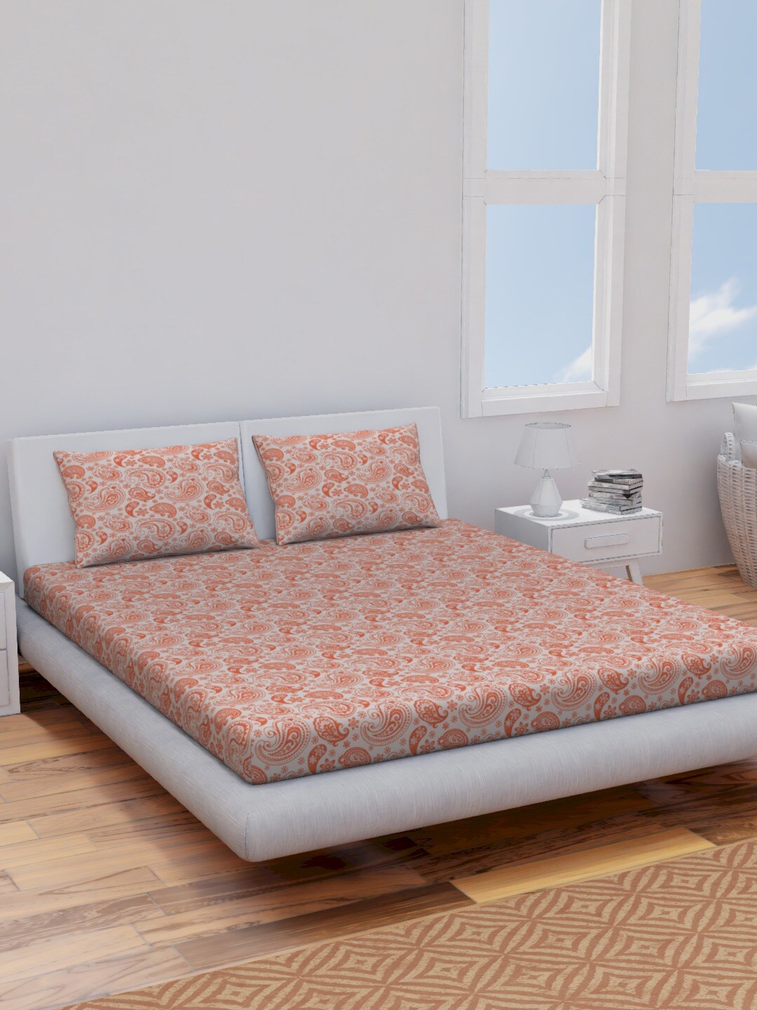 Himeya Rust & Grey Floral Cotton 120 TC King Bedsheet With 2 Pillow Covers