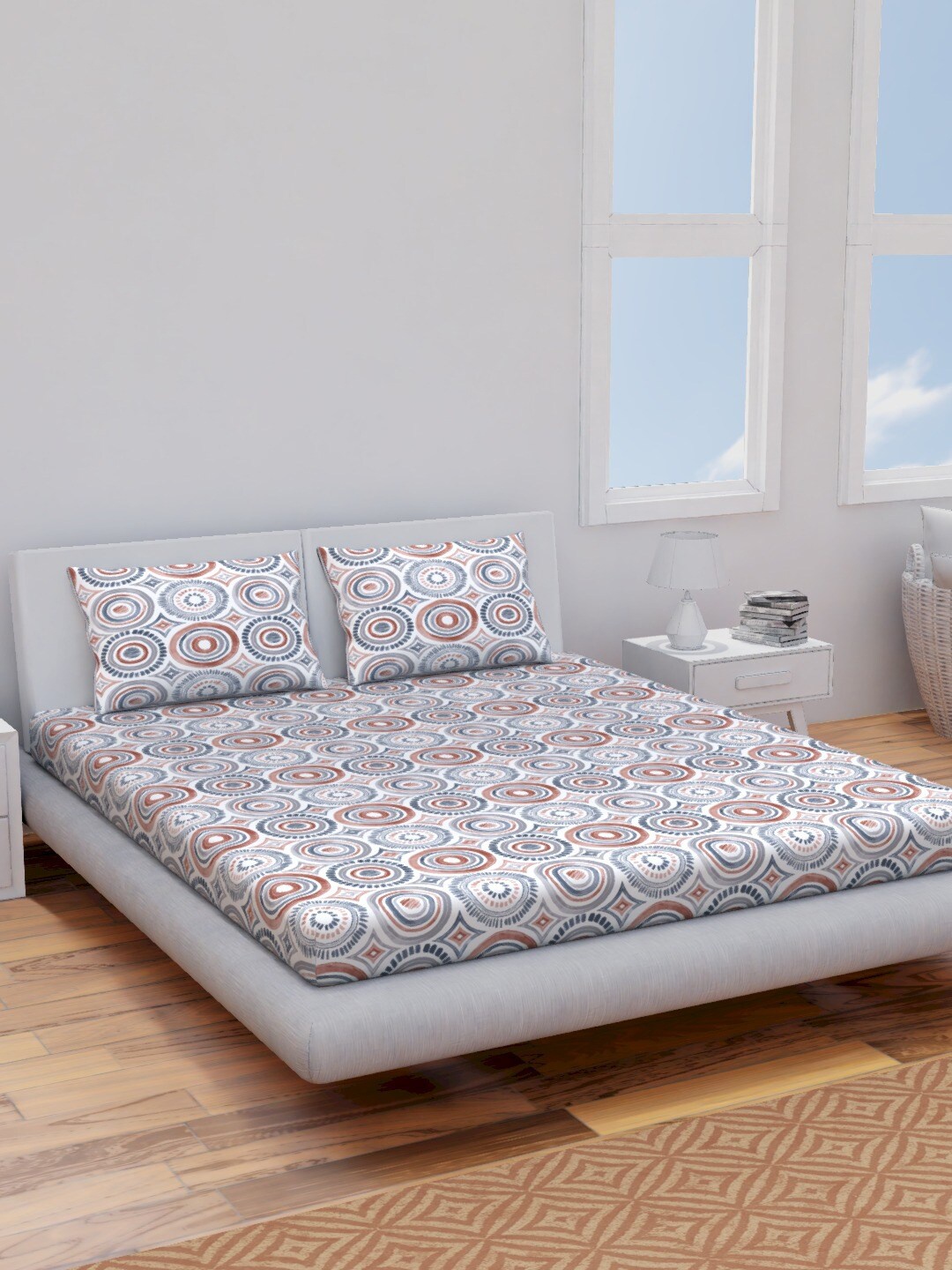 

Himeya Rust & Blue Printed Cotton 120 TC Queen Bedsheet with 2 Pillow Covers