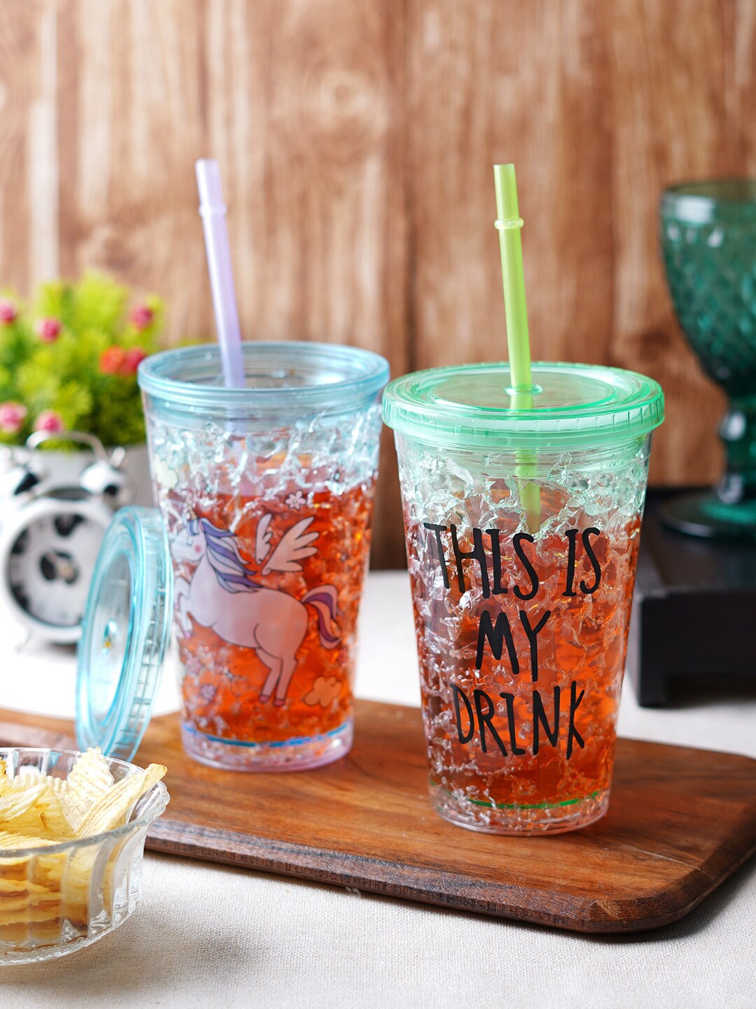 

ceradeco Transparent 2 Pcs Assorted Quote Printed Sipper With Straw - 500 ml Each