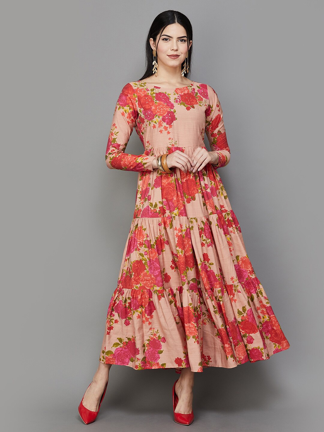 Melange by Lifestyle Floral Printed A-Line Midi Dress, Peach