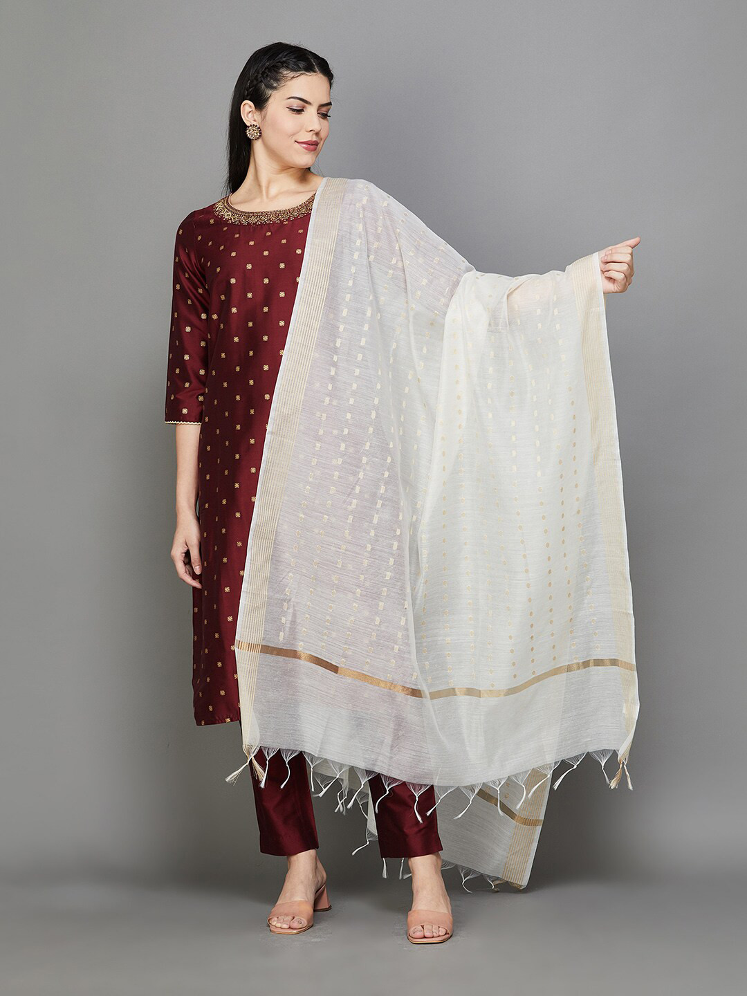 

Melange by Lifestyle Ethnic Motifs Woven Design Zari Chanderi Dupatta, Off white