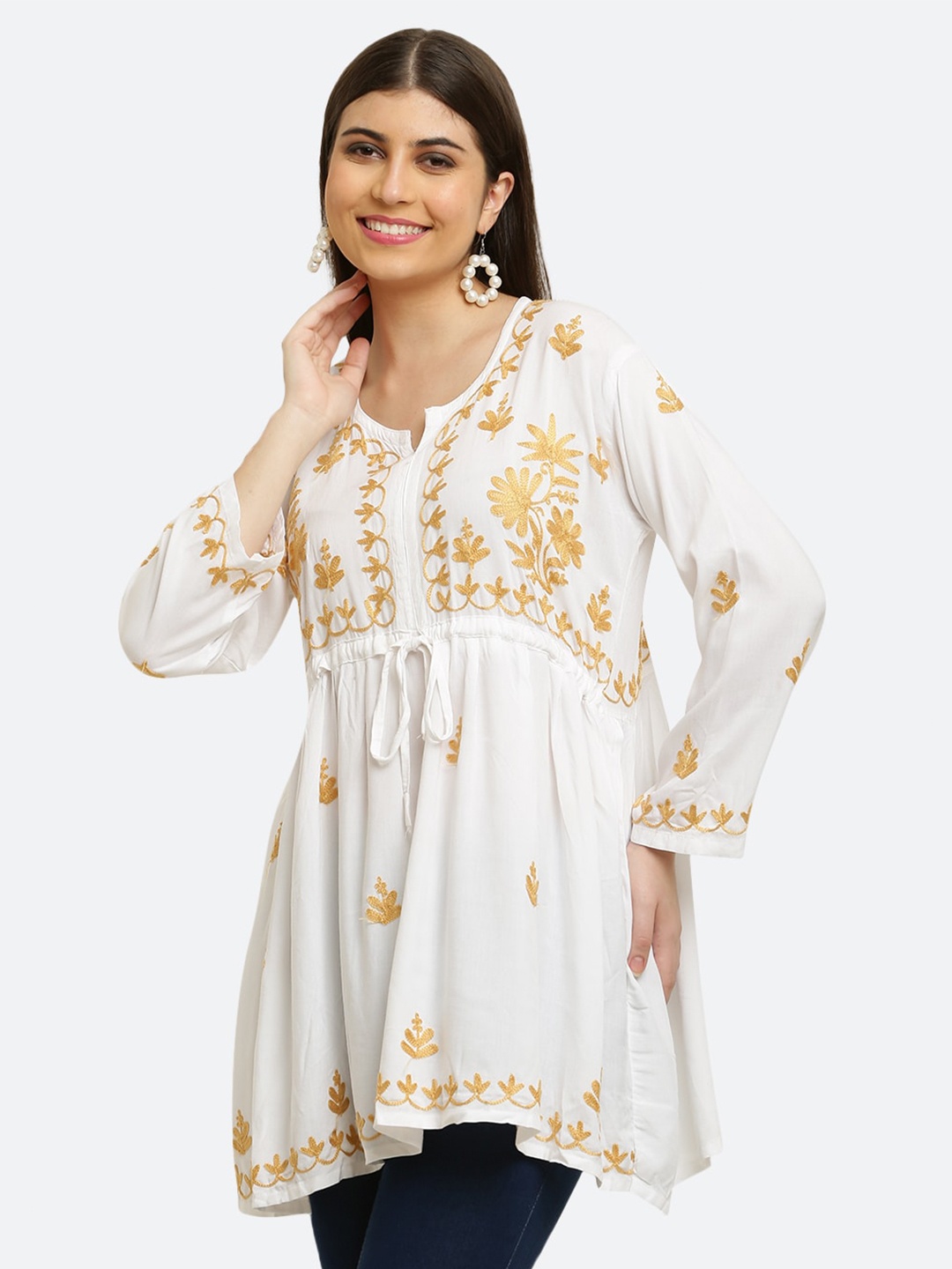 

FAWOMENT Floral Embroidered Tunics, White