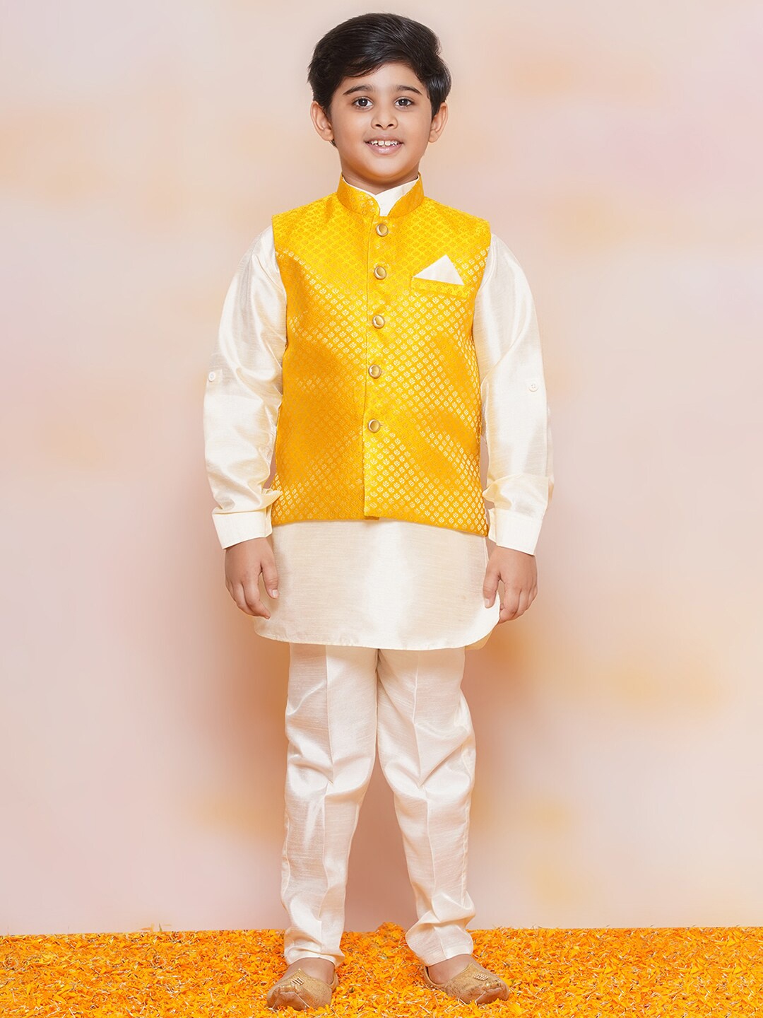 

Aj DEZInES Boys Mandarin Collar Regular Kurta With Pyjamas & Nehru Jacket, Mustard