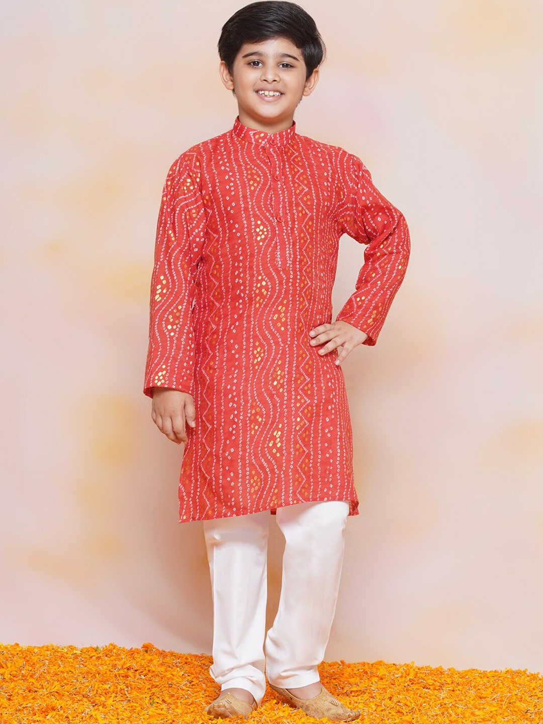 

Aj DEZInES Boys Bandhani Printed Band Collar Regular Pure Cotton Kurta With Pyjamas, Red
