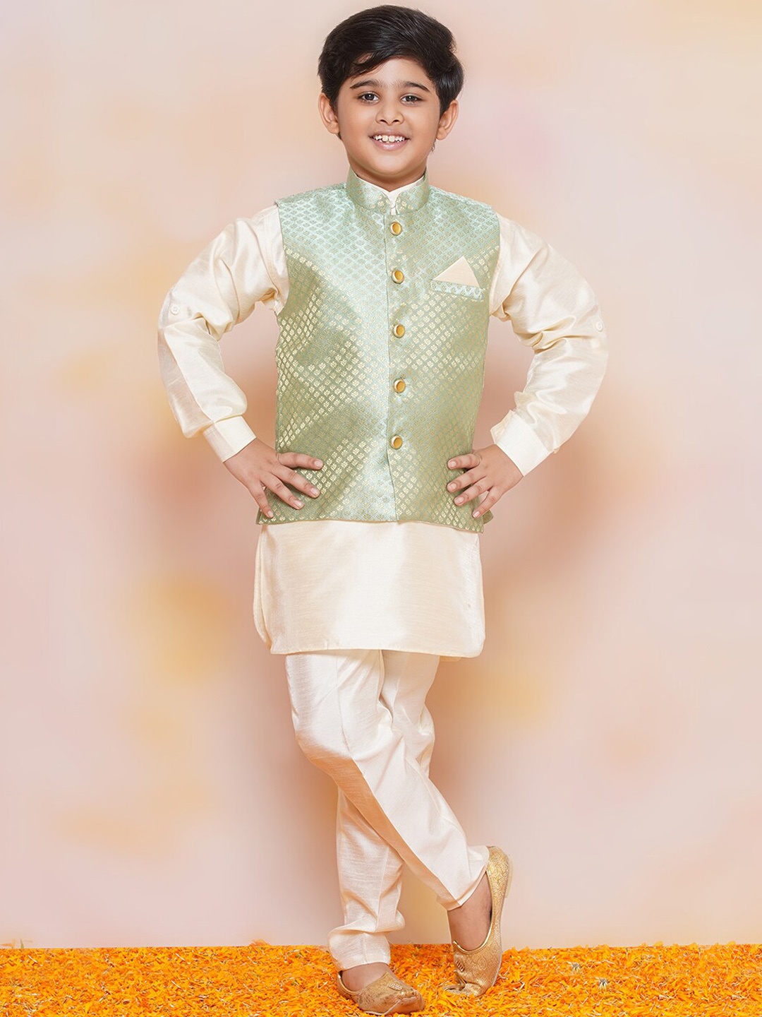 

Aj DEZInES Boys Mandarin Collar Kurta with Pyjamas & Nehru Jacket, Green