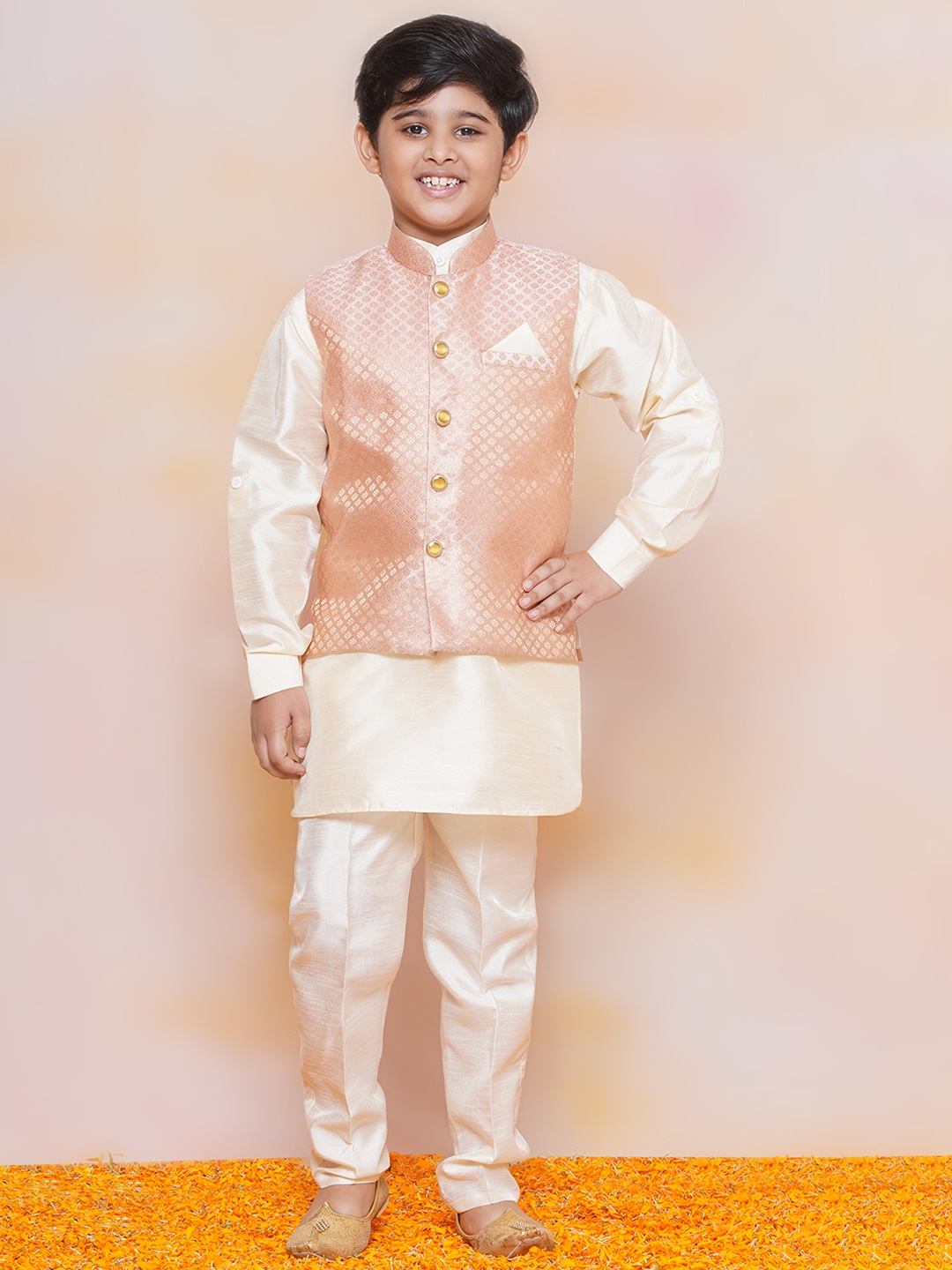 

Aj DEZInES Boys Mandarin Collar Regular Kurta With Pyjamas & Nehru Jacket, Peach