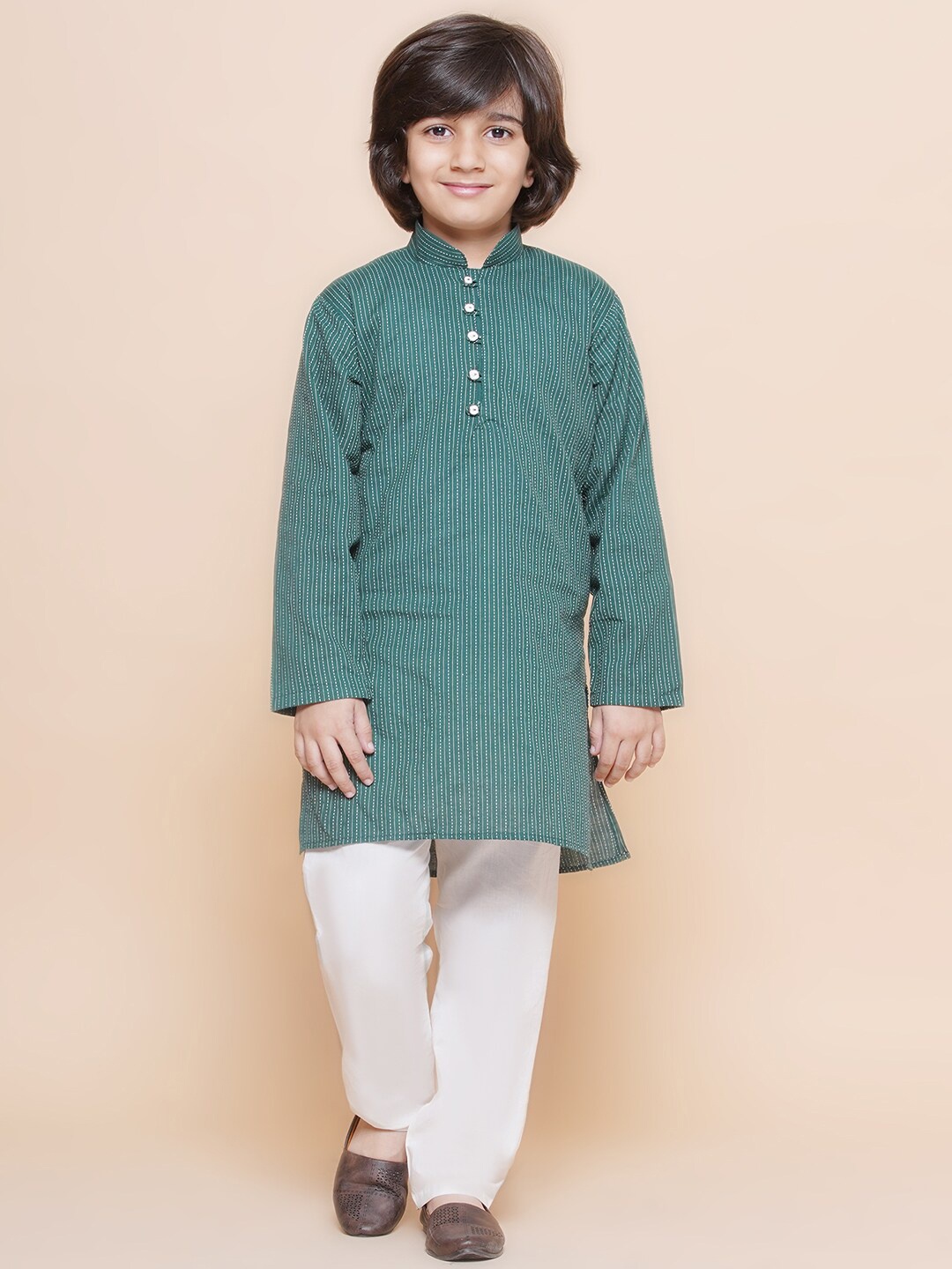 Aj DEZInES Boys Striped Mandarin Collar Regular Pure Cotton Kurta With Pyjamas, Green