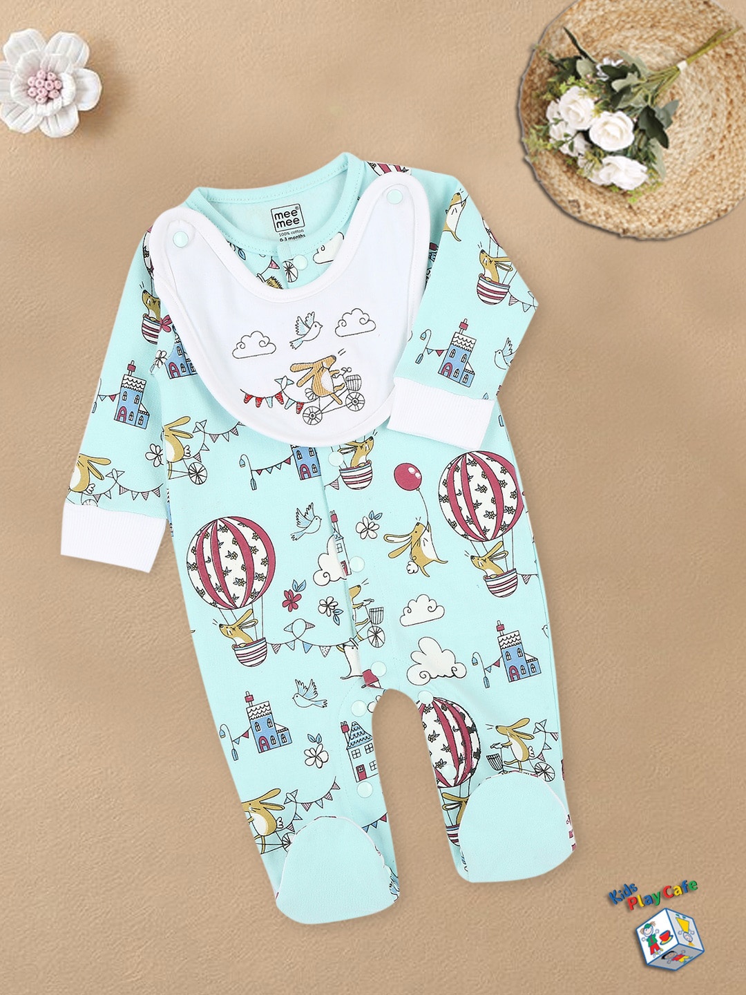 

MeeMee Infants Printed Cotton Rompers, Blue
