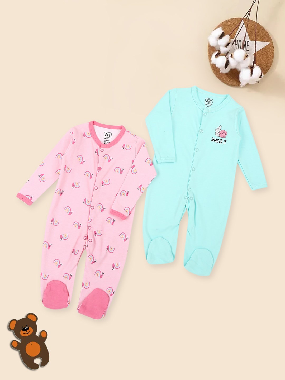 

MeeMee Infants Pack Of 2 Printed Pure Cotton Rompers, Pink