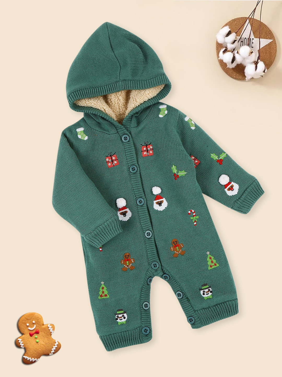 

MeeMee Infants Printed Acrylic Hooded Romper, Green