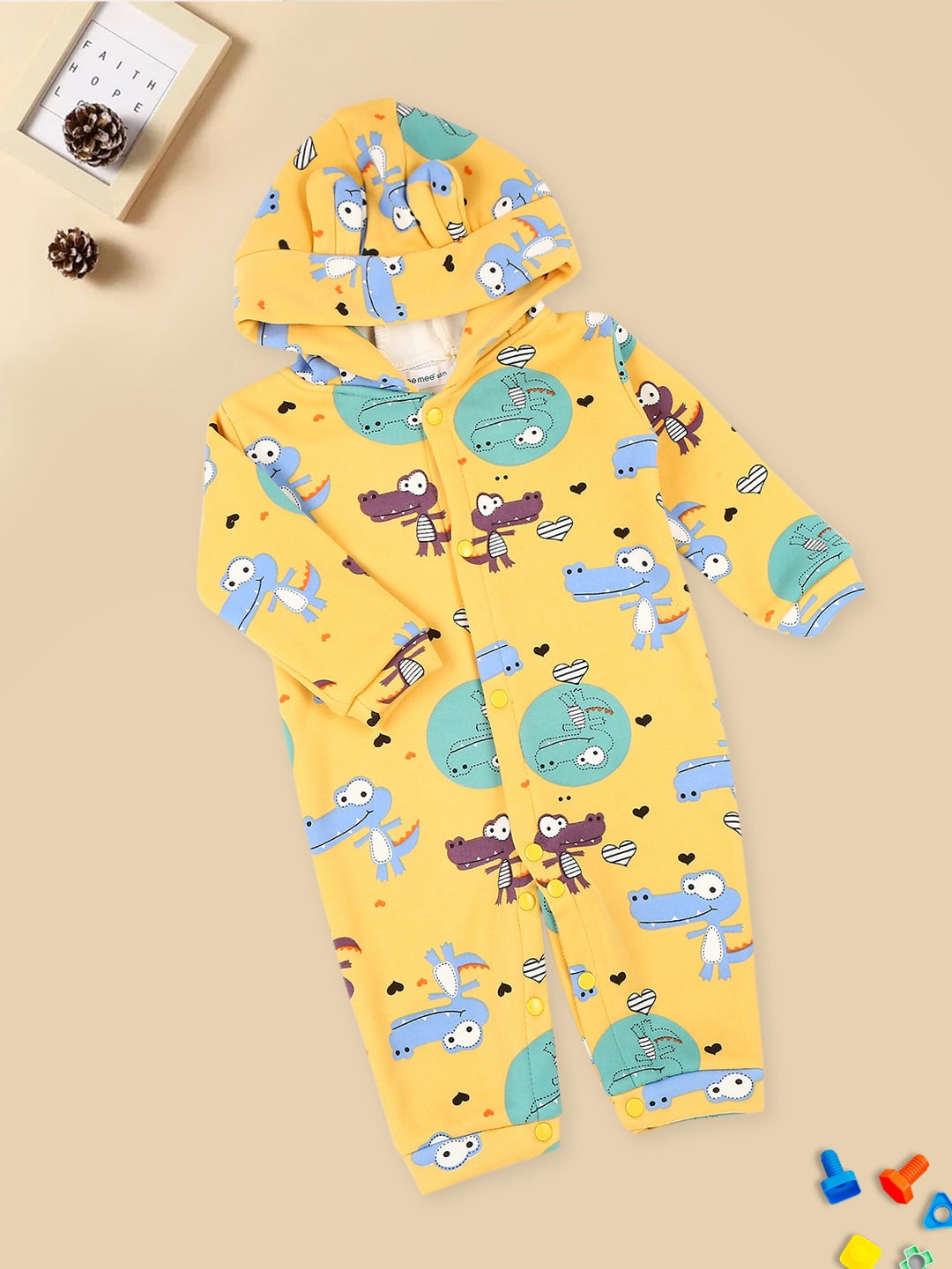 

MeeMee Infants Dino Printed Rompers, Yellow