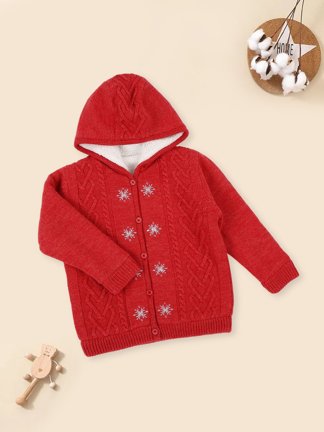 

MeeMee Boys Self Design Hooded Front-Open Sweater with Embroidered, Red