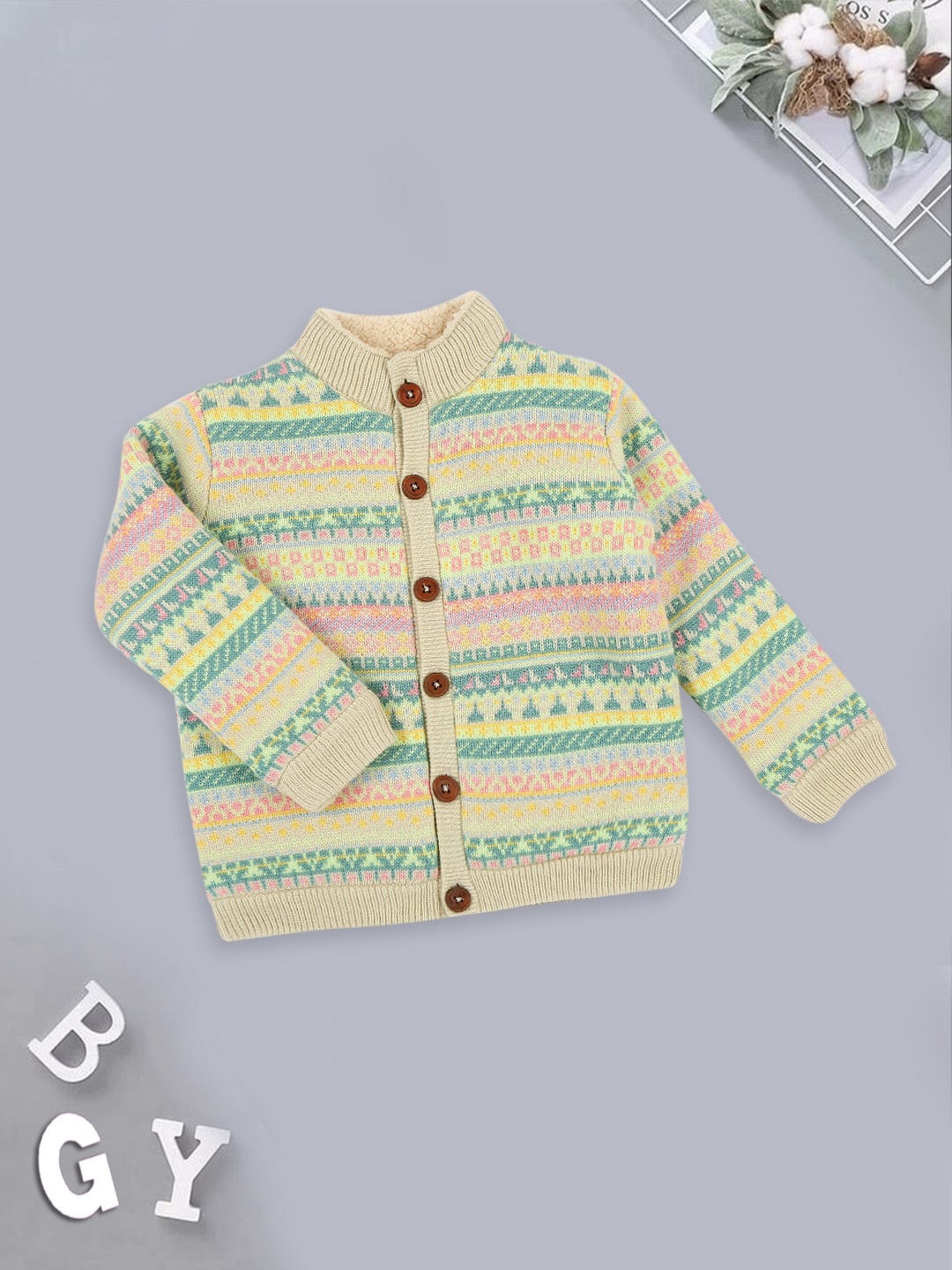 MeeMee Boys Ethnic Motifs Printed Mock Collar Front-Open Sweater, Yellow