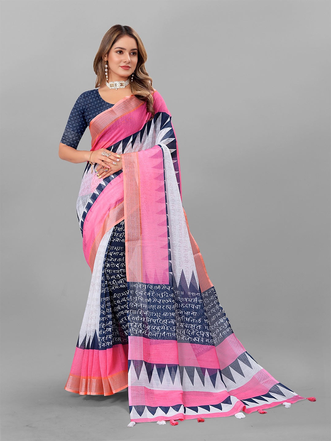 

V3 FASHION STUDIO Ethnic Motifs Printed Zari Pure Linen Jamdani Saree, White