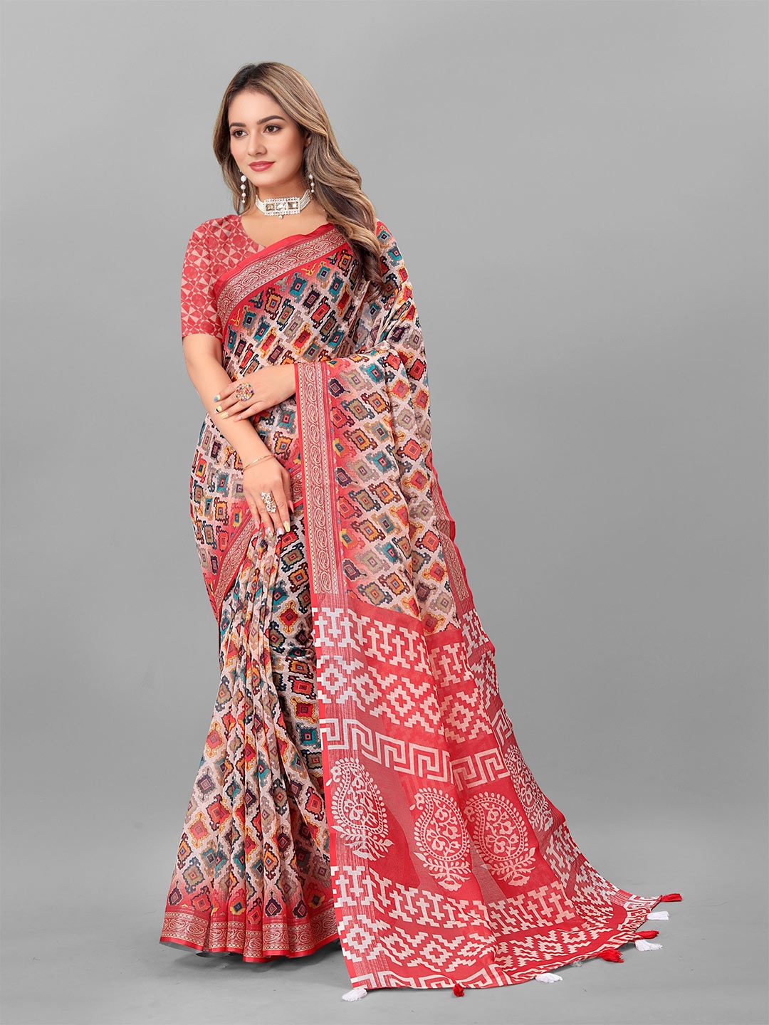 

V3 FASHION STUDIO Printed Zari Pure Linen Ikat Saree, Red