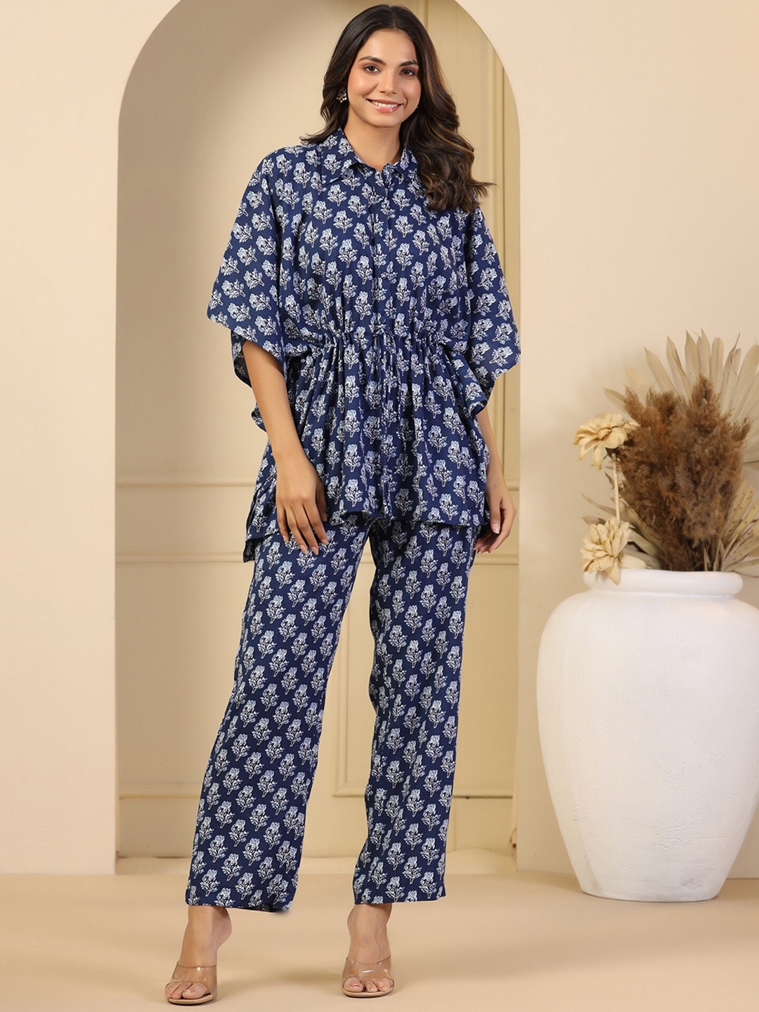 

mirari Ethnci Motifs Printed Shirt Collar Kaftan With Trouser, Blue