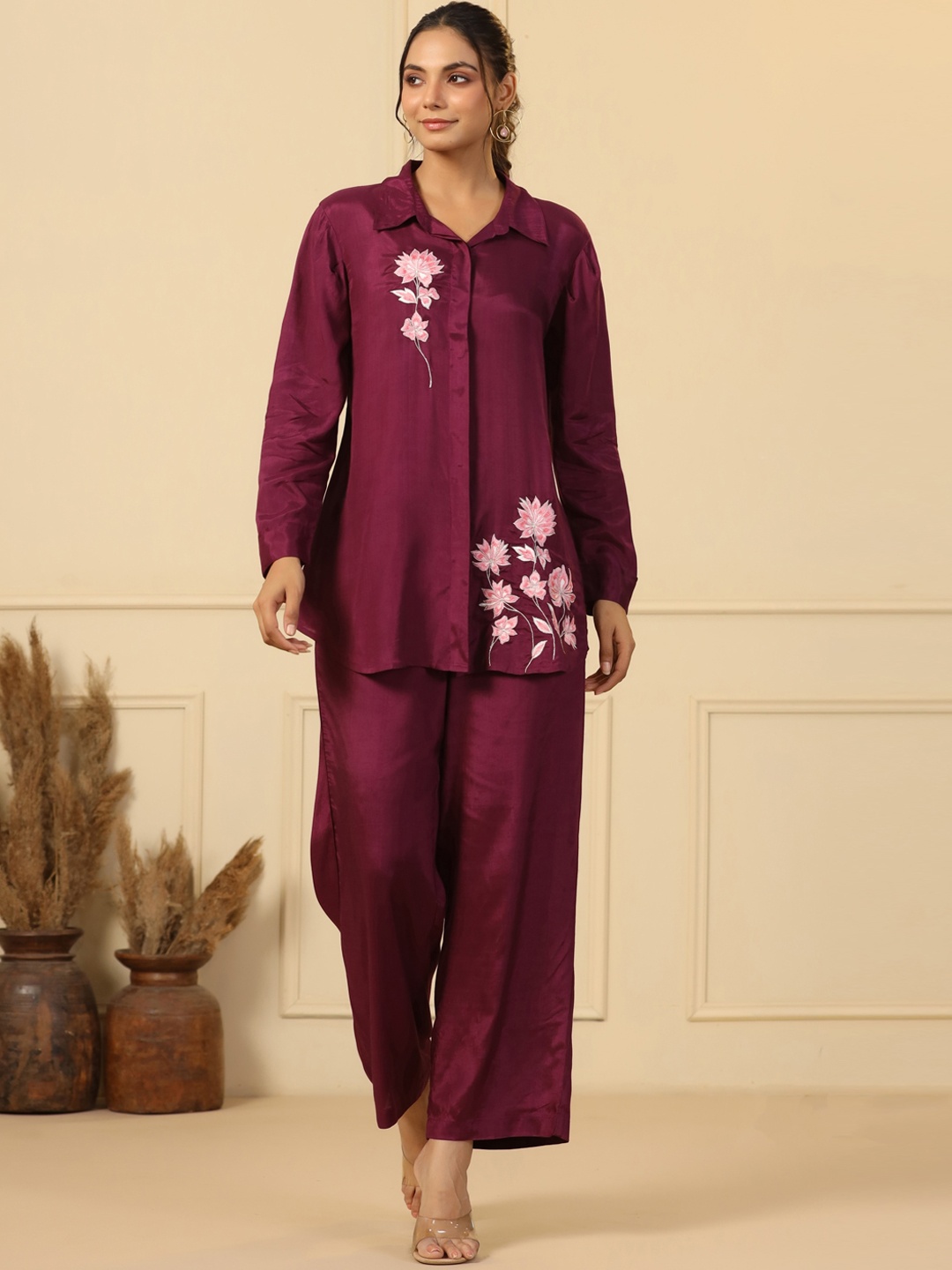 

Mirari Embroidered Shirt Collar Shirt with Palazzos, Maroon