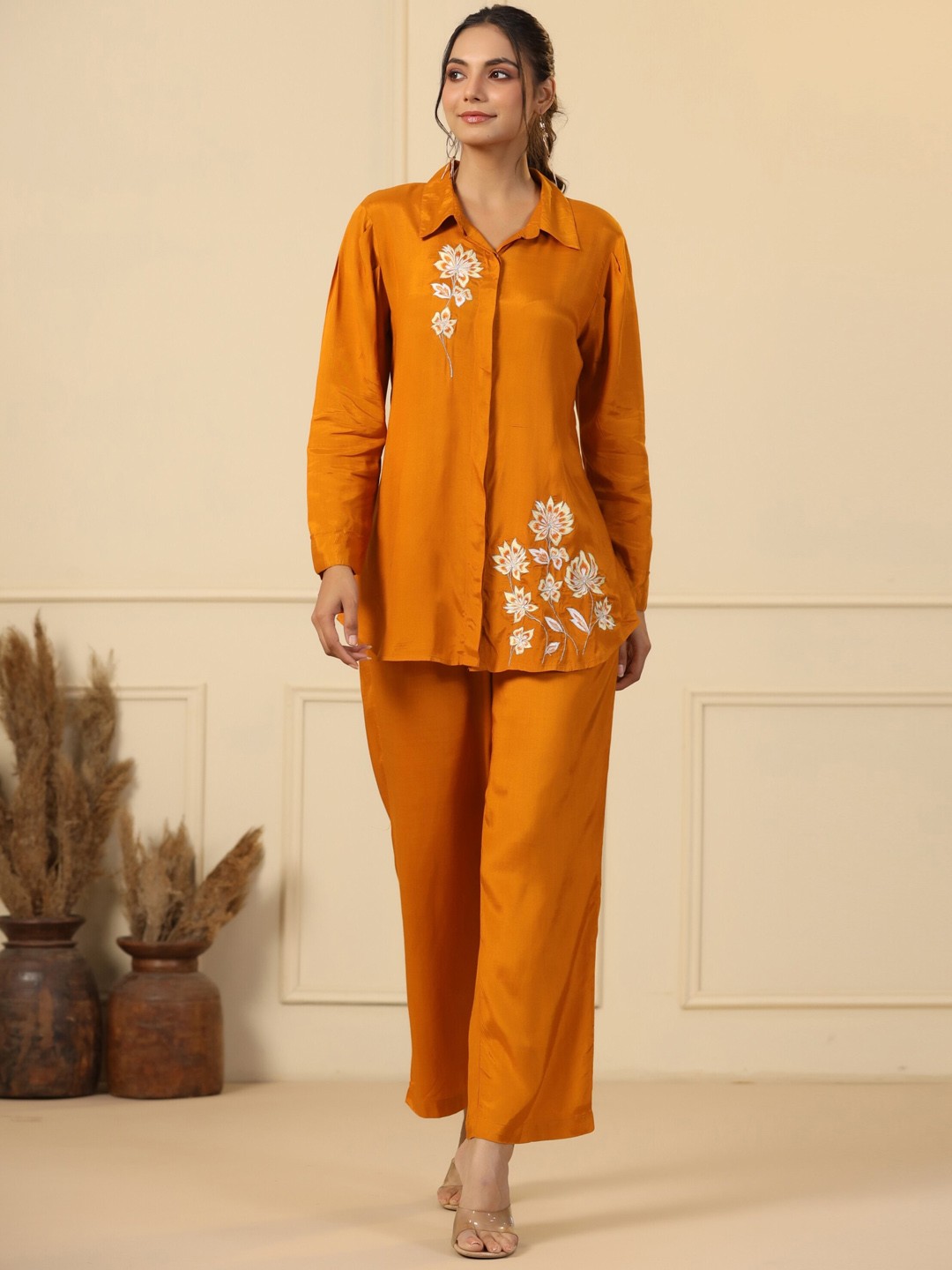 

Mirari Embroidered Shirt Collar Shirt with Palazzos, Orange