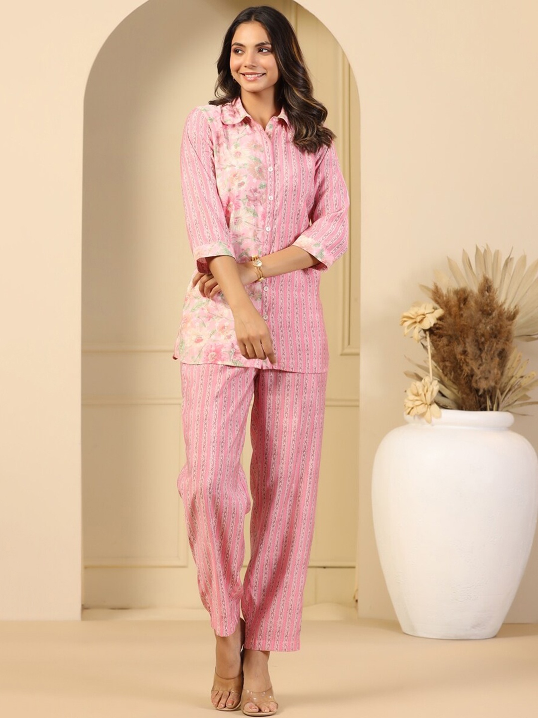 mirari Floral Printed Shirt Collar Shirt & Trouser, Pink