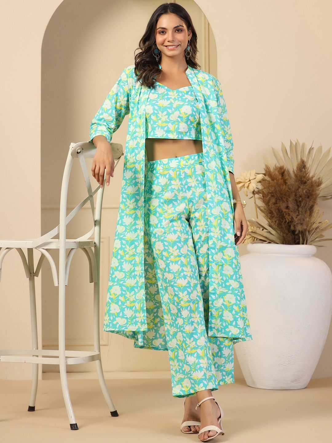 

Mirari Floral Printed Pure Cotton Crop-Top With Palazzos & Shrug, Sea green