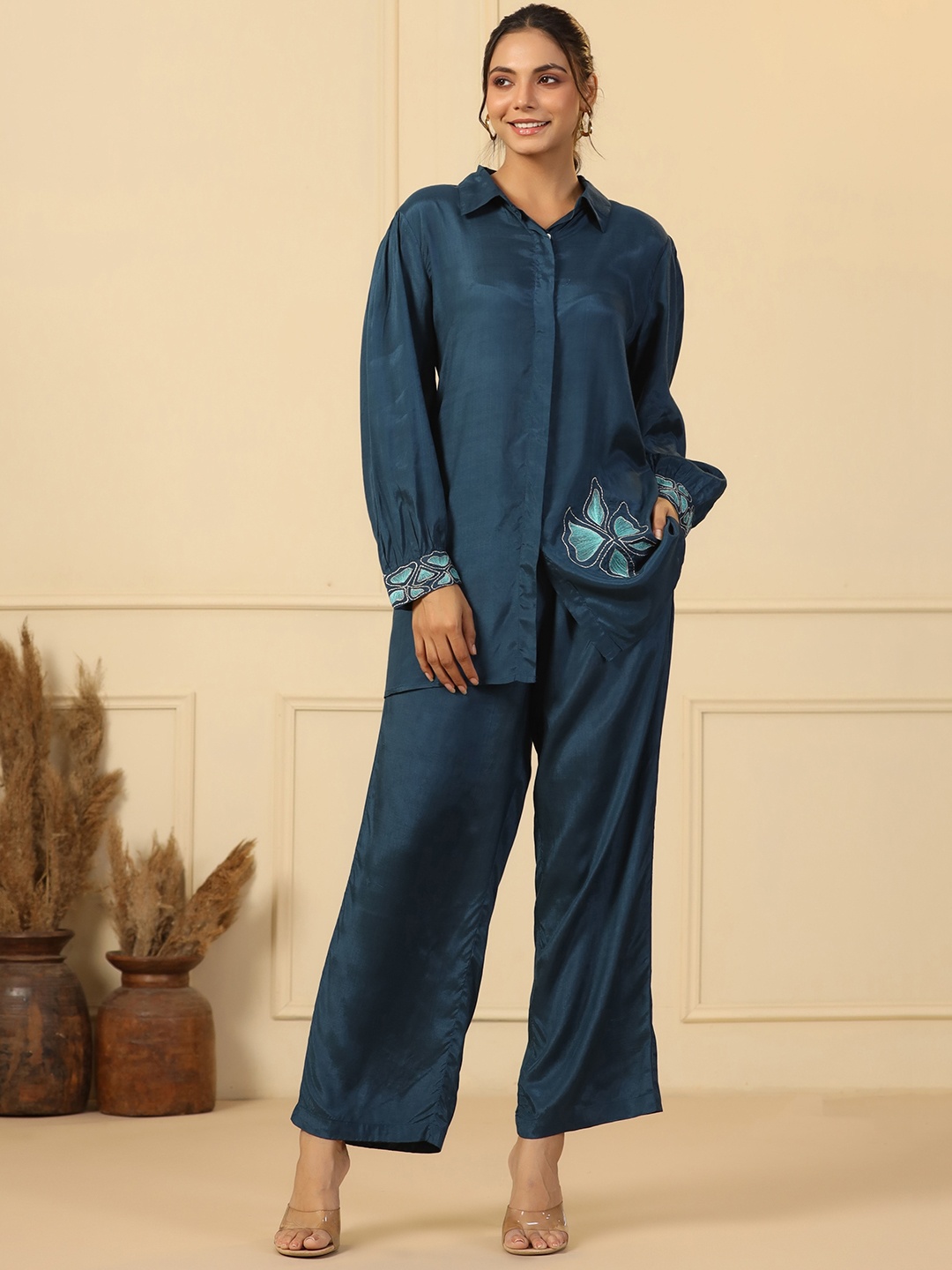 

mirari Floral Embroidered Shirt Collar Shirt With Palazzo, Teal