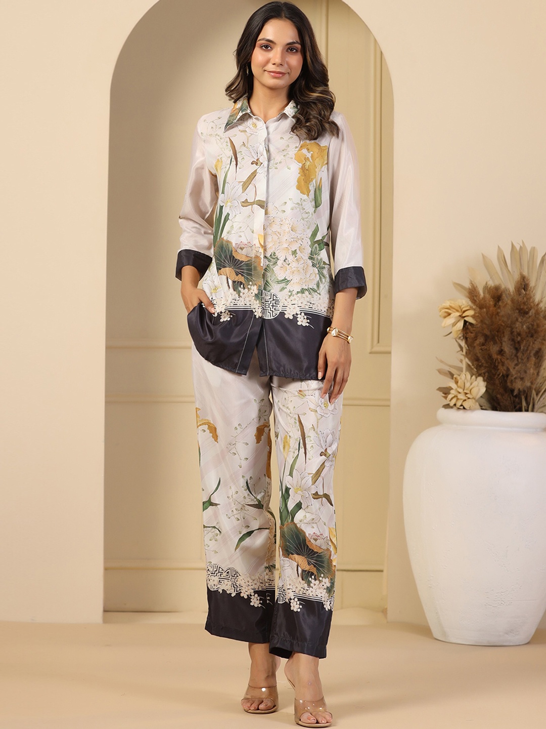 

Mirari Floral Printed Shirt Collar Shirt With Palazzos, White